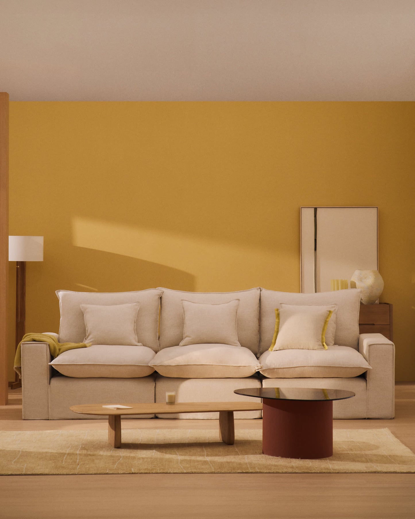 Divano modulare sfoderabile Anarela 5 posti in lino e viscosa beige 370 cm FSC Mix Credit