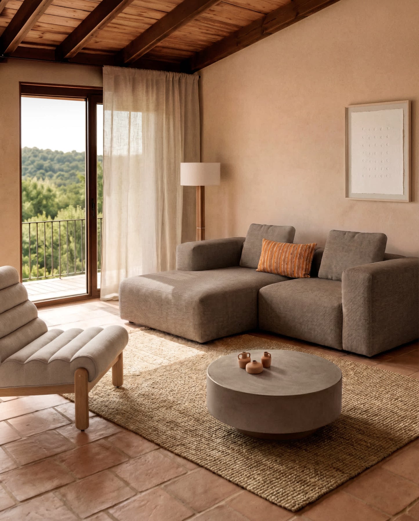 Divano Blok 2 posti in ciniglia marrone con chaise longue destra 240 cm FSC Mix Credit
