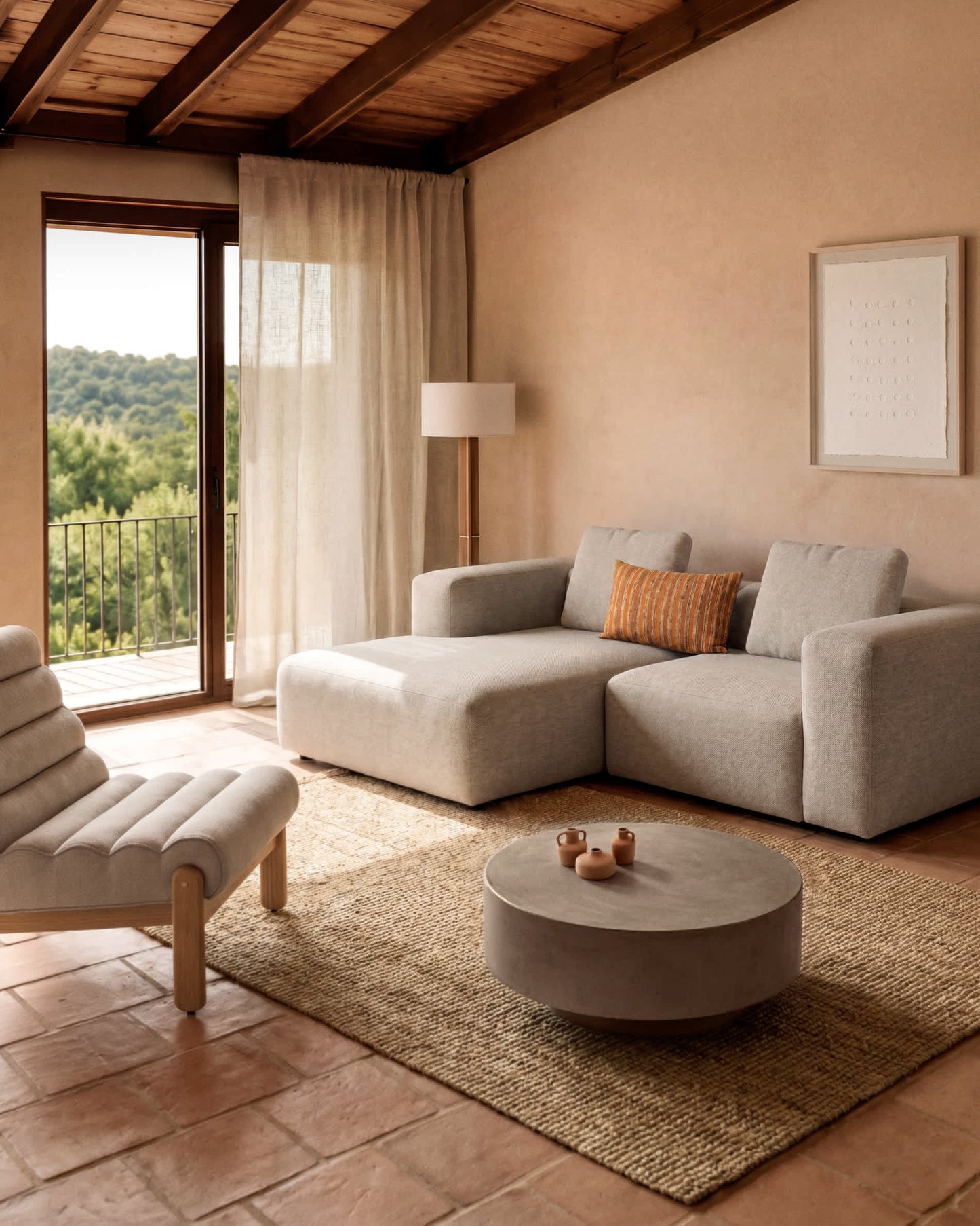 Divano Blok 2 posti in ciniglia beige con chaise longue destra 240 cm FSC Mix Credit