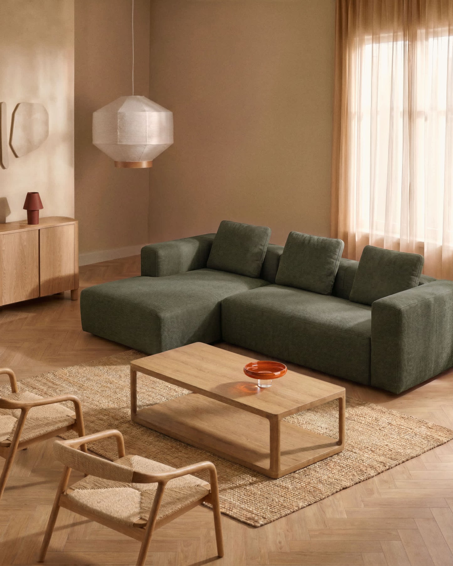 Divano Blok 3 posti in ciniglia verde muschio con chaise longue sinistra 300 cm FSC Mix Credit