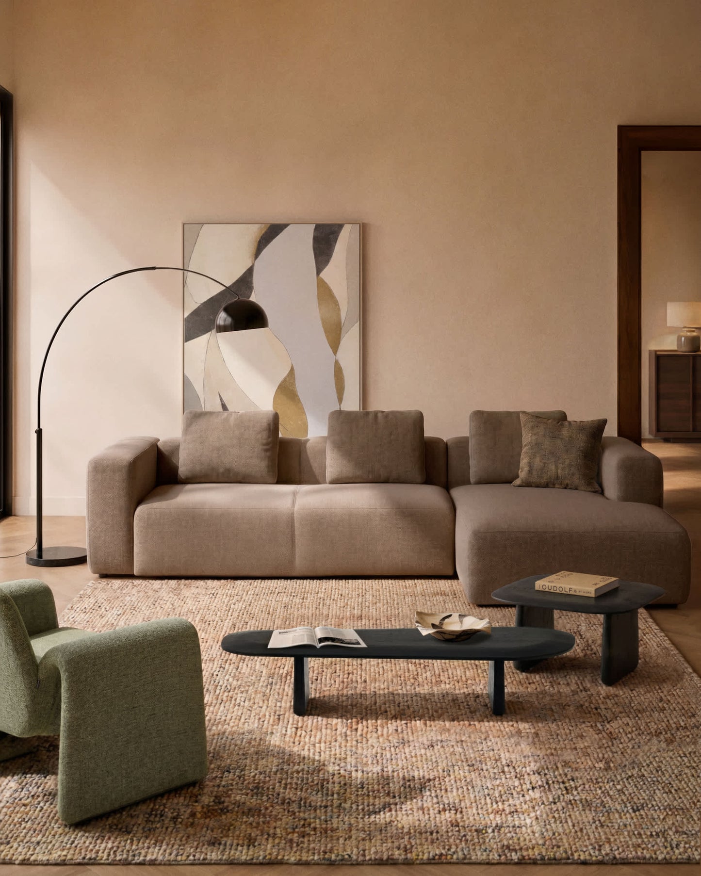 Divano Blok 4 posti in ciniglia marrone con chaise longue destra 330 cm FSC Mix Credit
