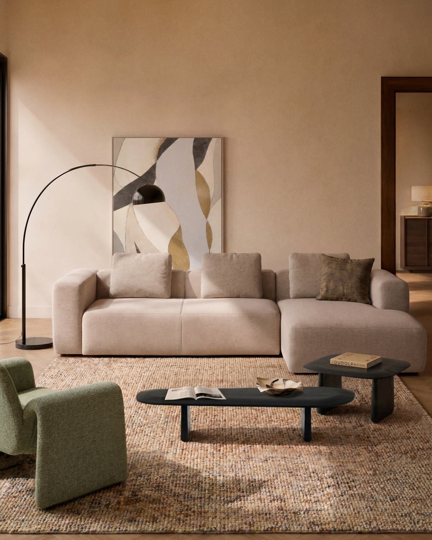Divano Blok 4 posti in ciniglia beige con chaise longue sinistra 330 cm FSC Mix Credit