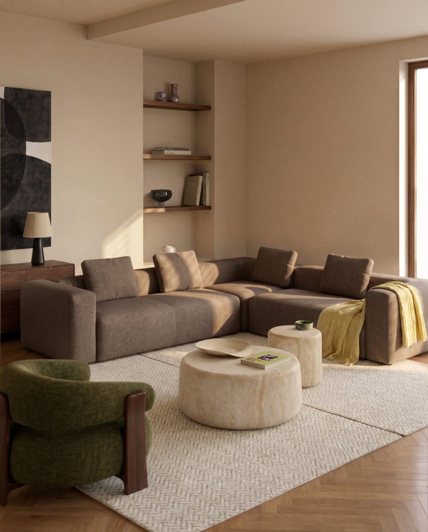 Divano ad angolo Blok 4 posti in ciniglia marrone 290 x 290 cm FSC Mix Credit