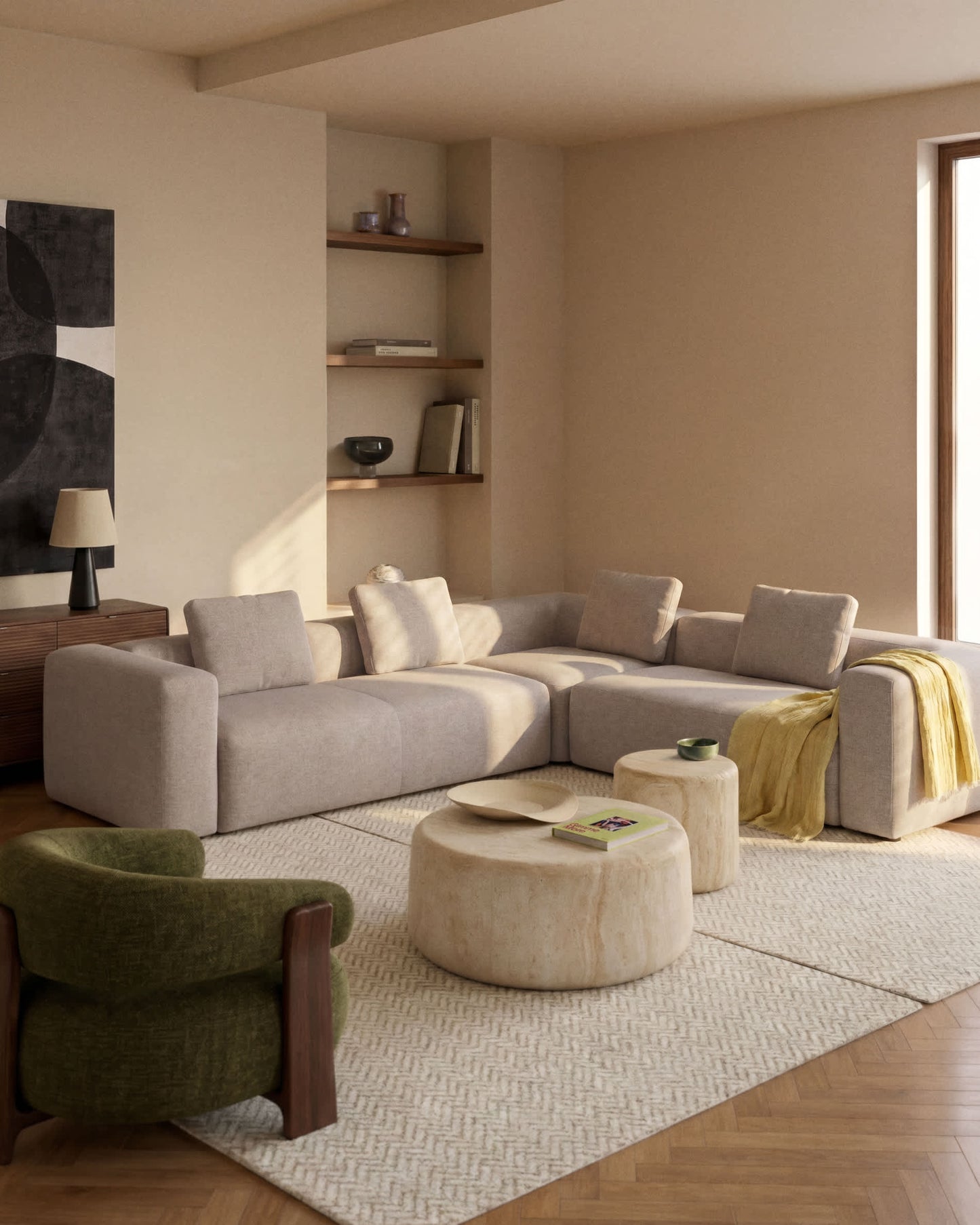 Divano ad angolo Blok 5 posti in ciniglia beige 320 x 290 cm / 290 x 320 cm FSC Mix Credit