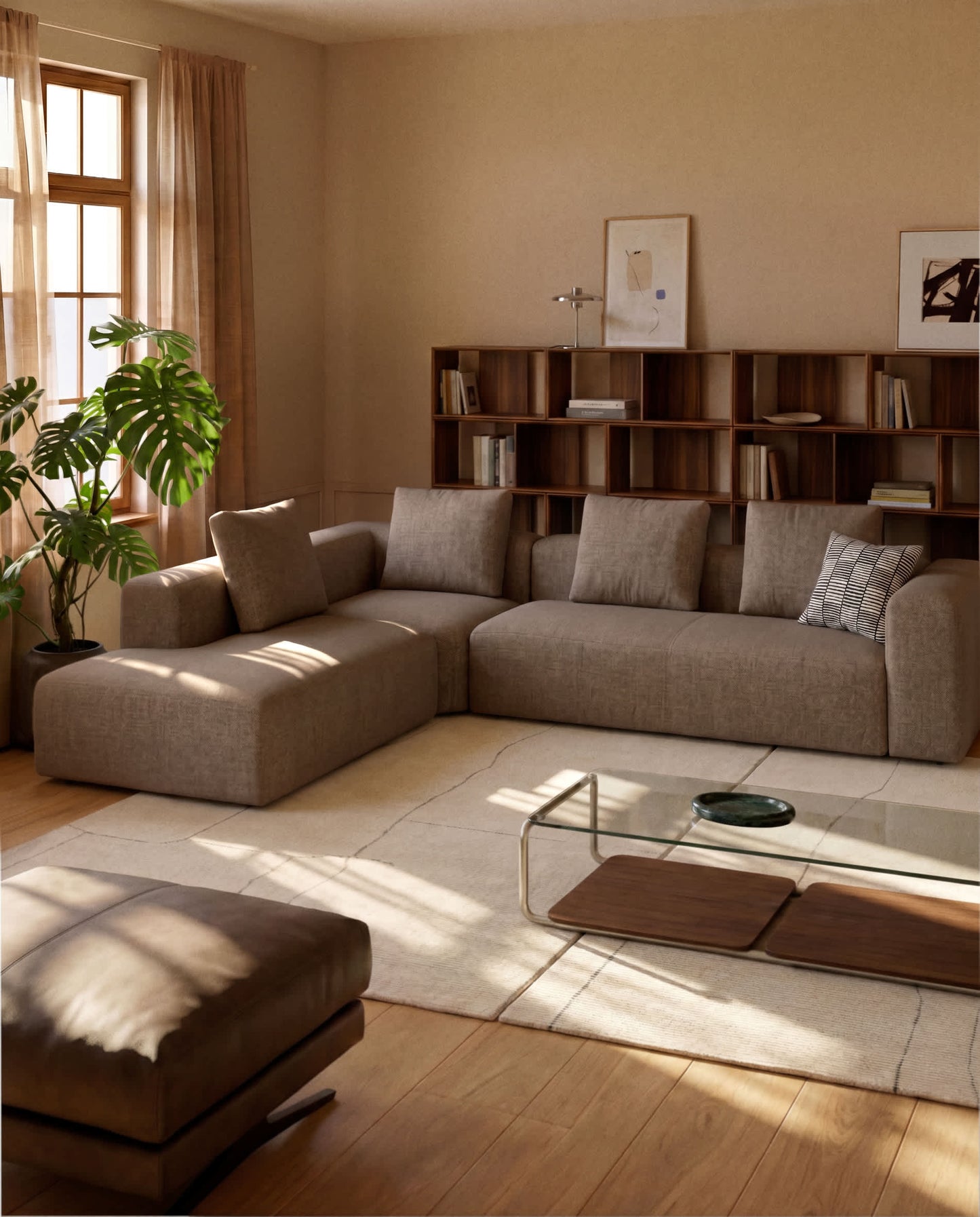 Divano ad angolo Blok 5 posti con terminale sinistro in ciniglia marrone 255 x 320 cm FSC Mix Credit