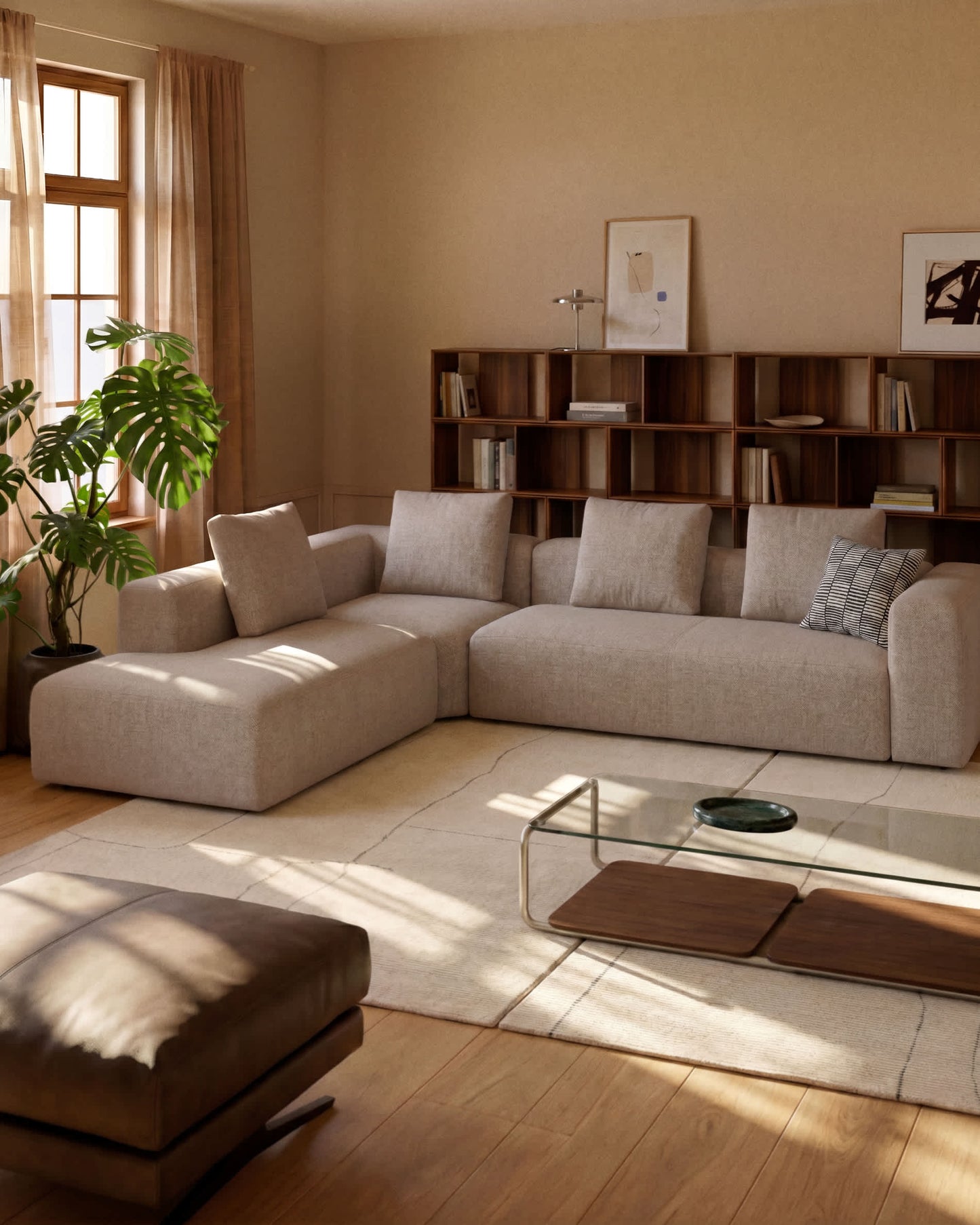 Divano ad angolo Blok 5 posti con terminale sinistro in ciniglia beige 255 x 320 cm FSC Mix Credit