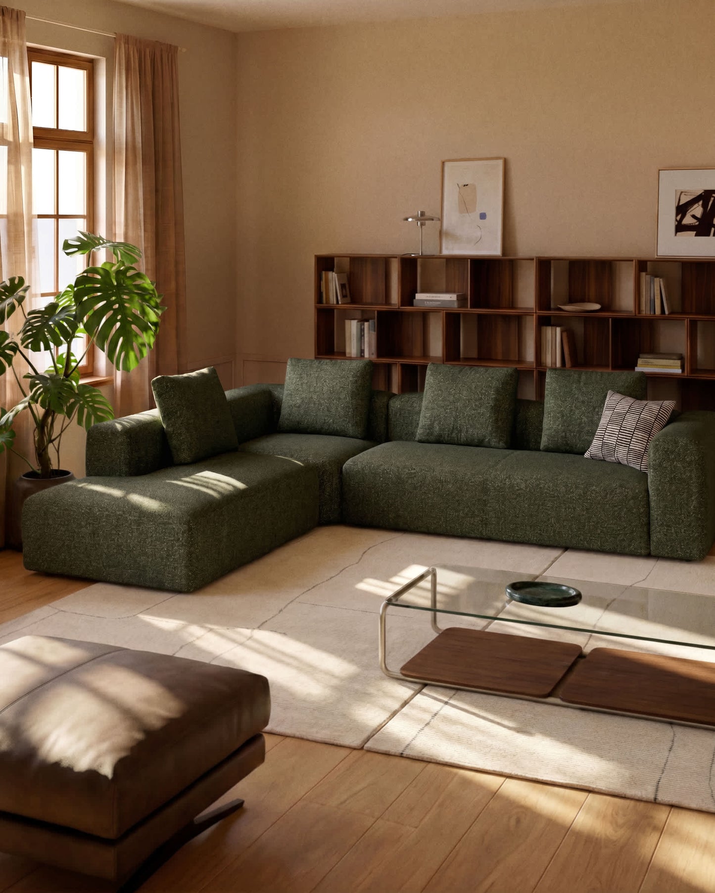 Divano ad angolo Blok 5 posti con terminale sinistro in ciniglia verde muschio 255 x 320 cm FSC Mix Credit