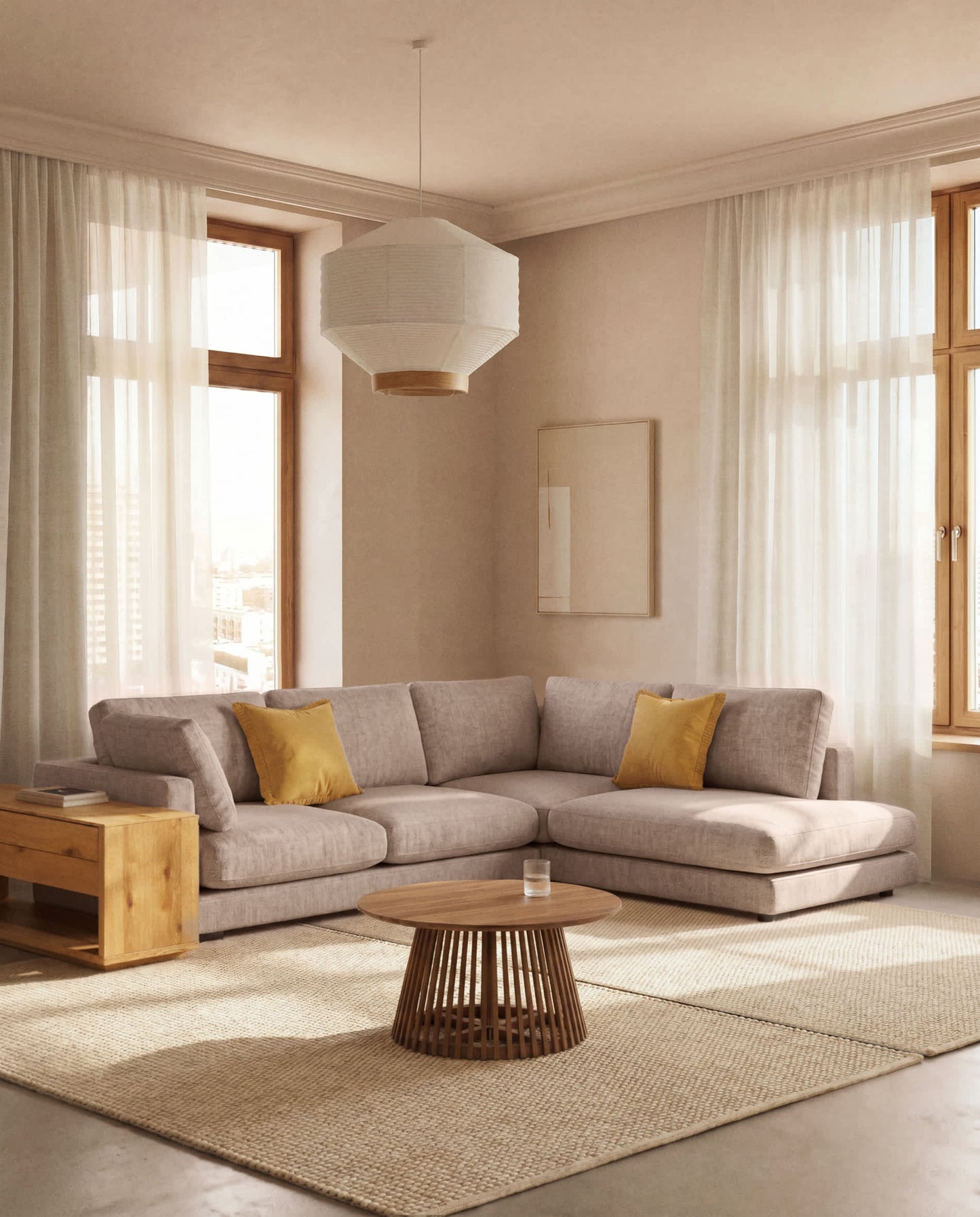 Divano ad angolo Gala 5 posti con estremità destra, in micro bouclé beige FSC Mix Credit, 300 x 225 cm