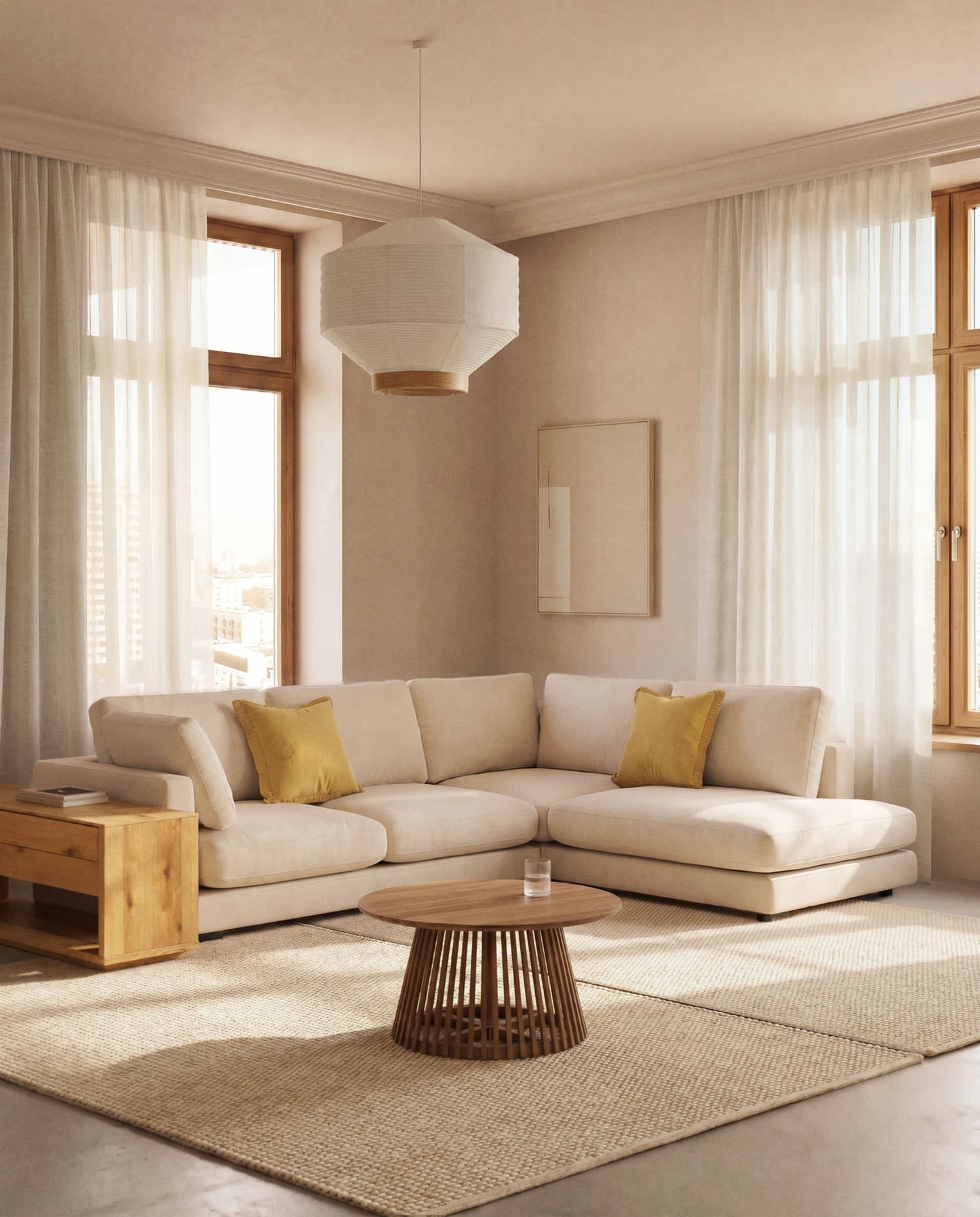 Divano ad angolo Gala 5 posti con estremità sinistra, in ciniglia beige FSC Mix Credit, 225 x 300 cm