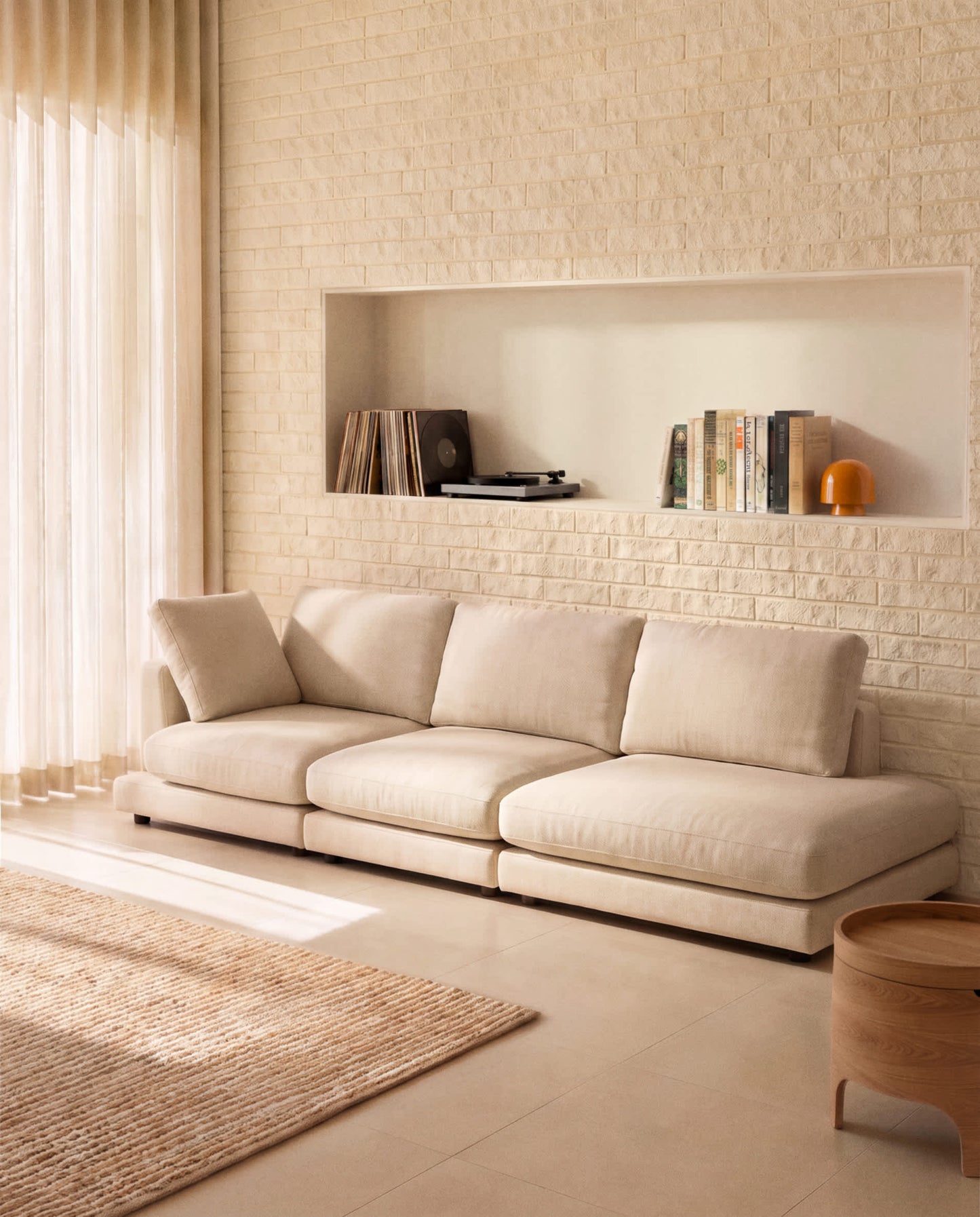 Divano modulare Gala 4 posti con estremità sinistra, in micro bouclé beige FSC Mix Credit 315 cm