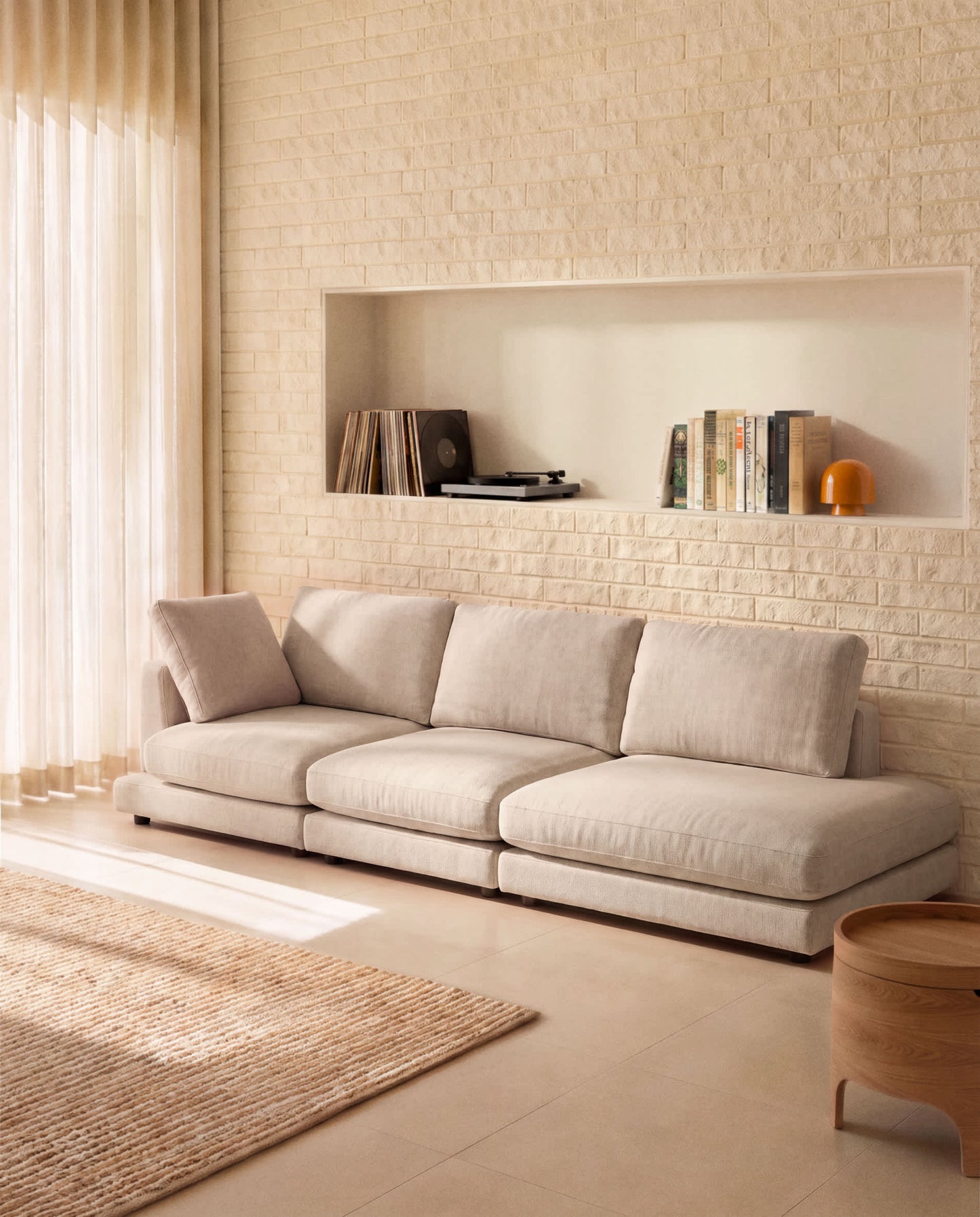 Divano modulare Gala 4 posti con estremità sinistra, in ciniglia beige FSC Mix Credit 315 cm