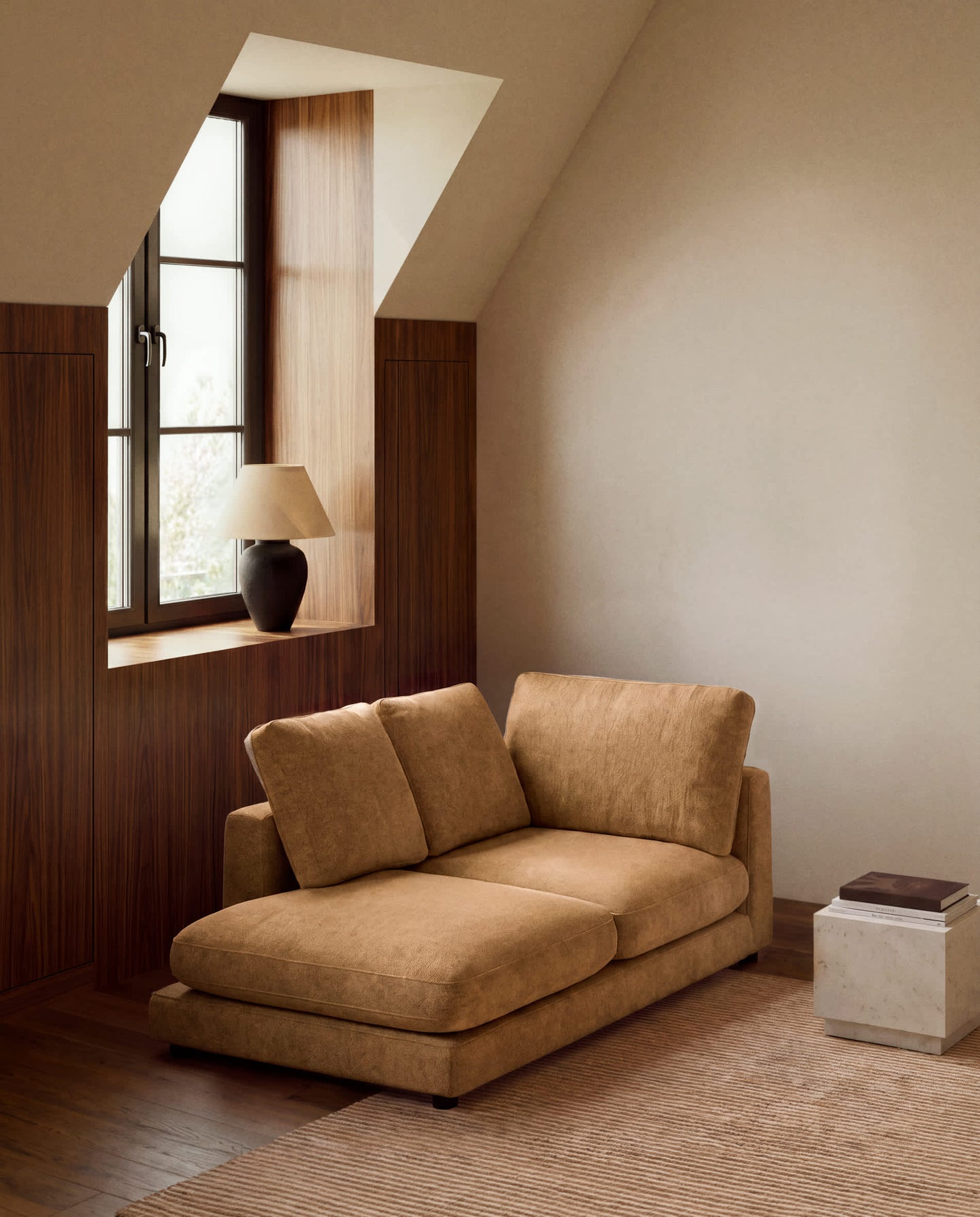 Modulo chaise longue destro Gala in micro bouclé color senape