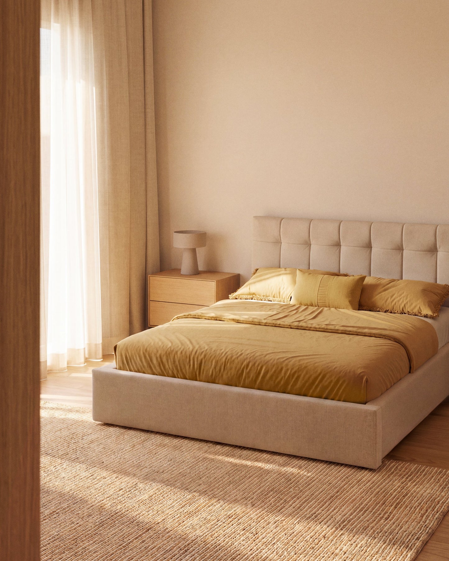 Letto contenitore sollevabile Darnela in ciniglia écru