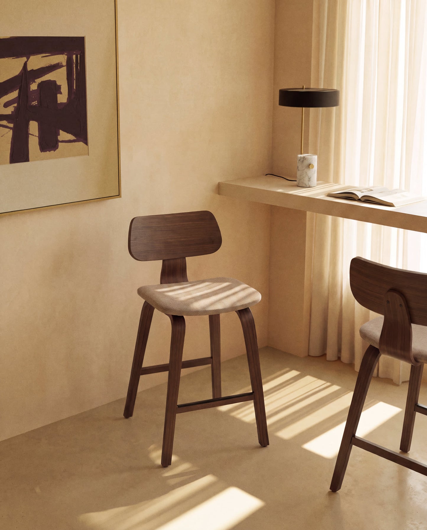 Sgabello Gena in impiallacciatura di noce e chenille marrone 65cm