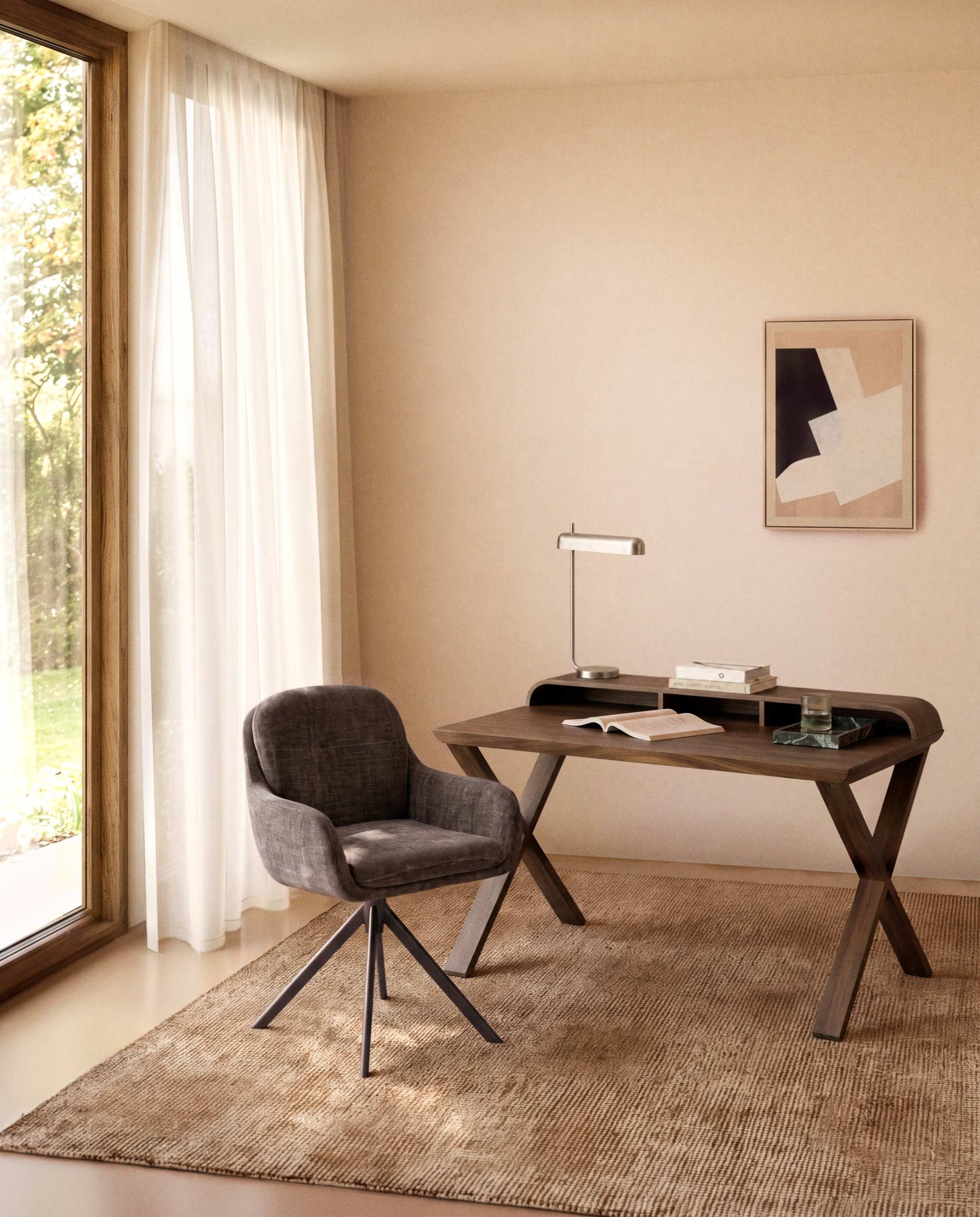 Quadro astratto Varo in carta e lino beige, 50 x 70 cm