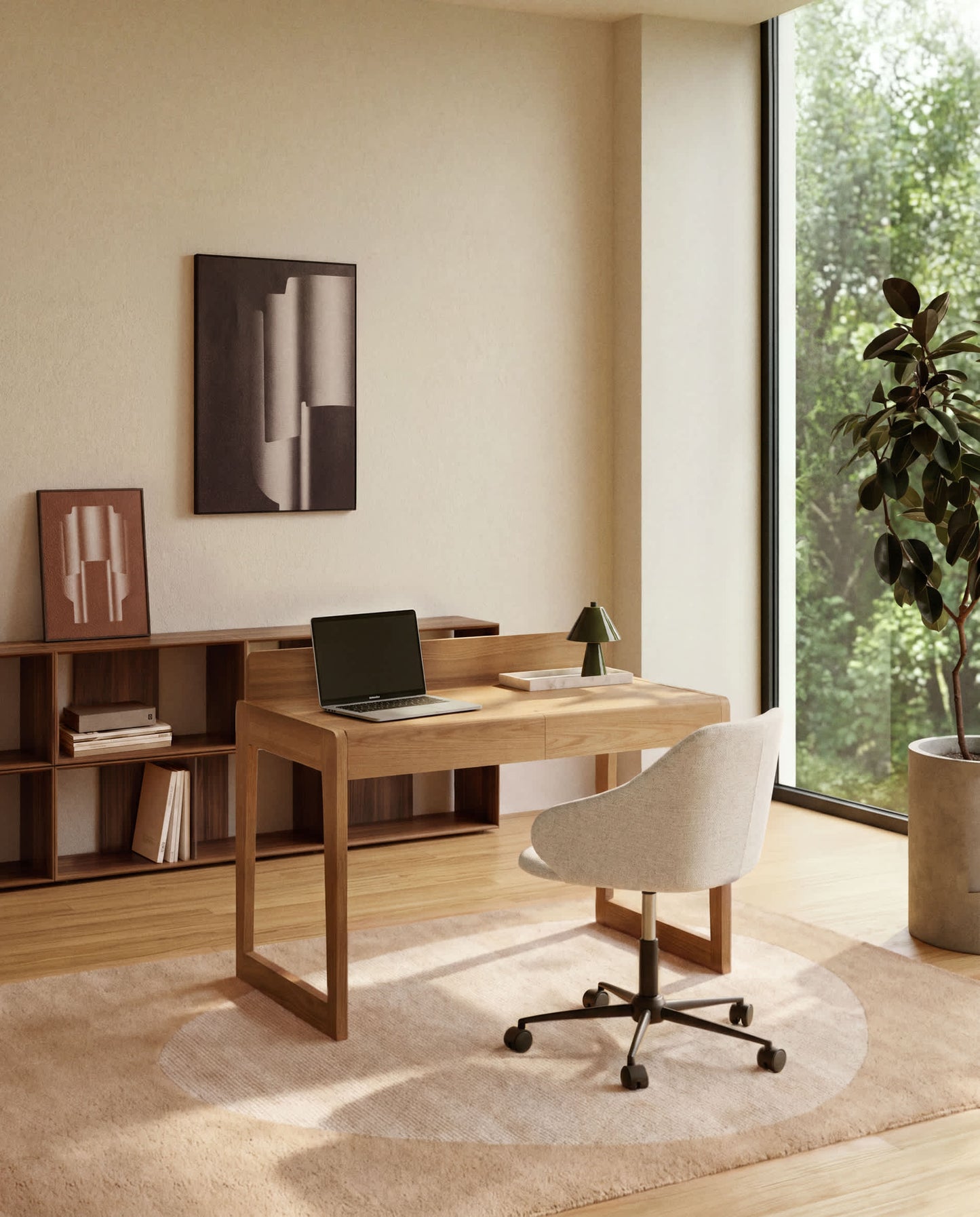 Sedia da scrivania Einara in ciniglia beige e gambe in acciaio nero