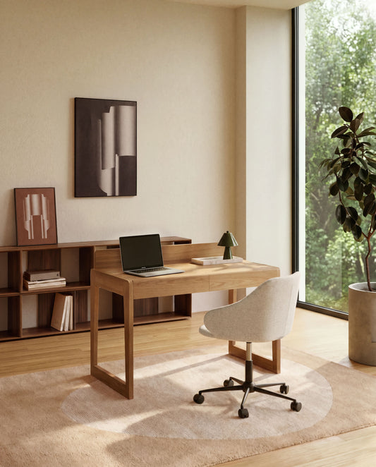Sedia da scrivania Einara in ciniglia beige e gambe in acciaio nero