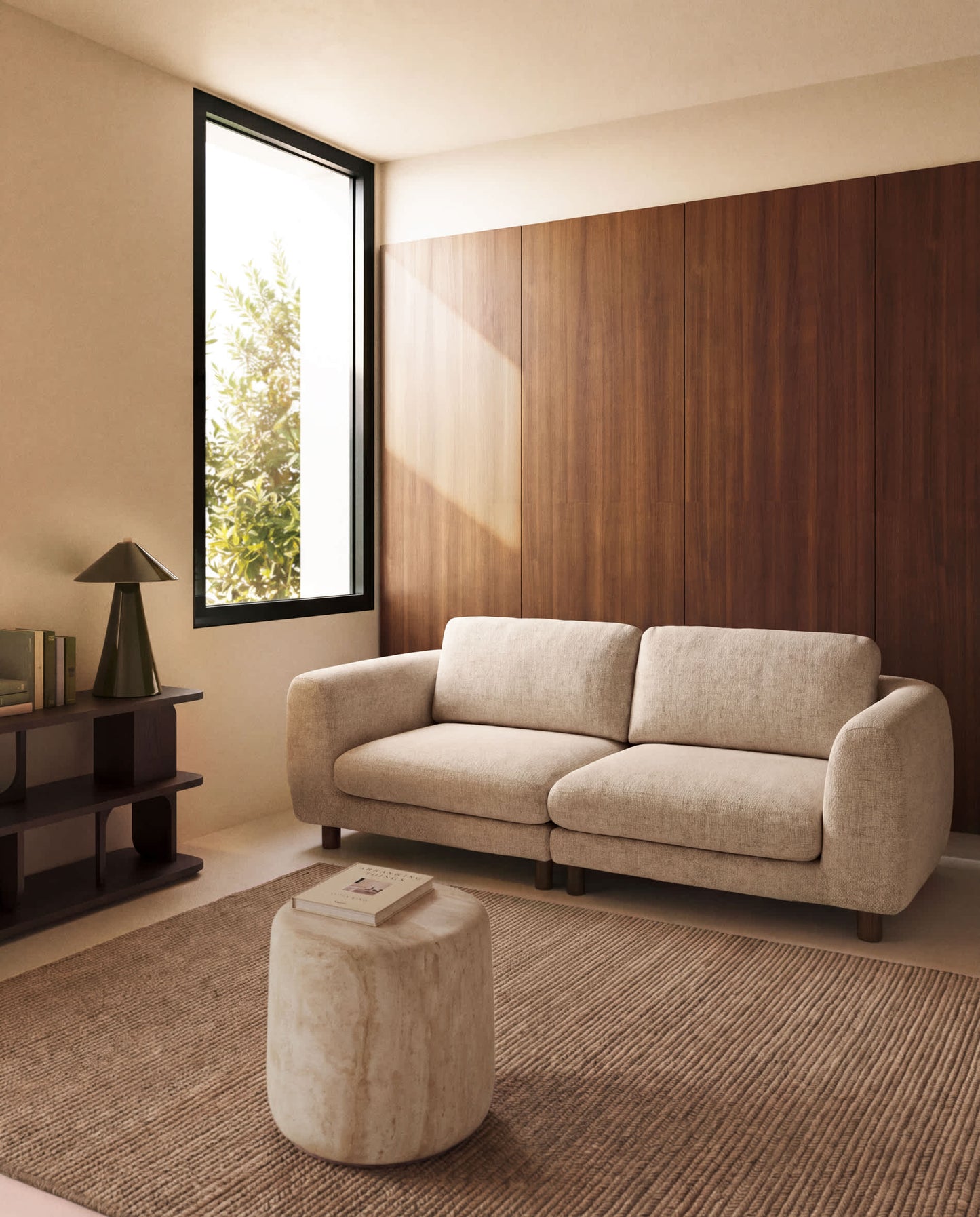 Divano Vera 3 posti beige con gambe in legno massiccio di frassino con finitura in noce 230 cm FSC Mix Credit