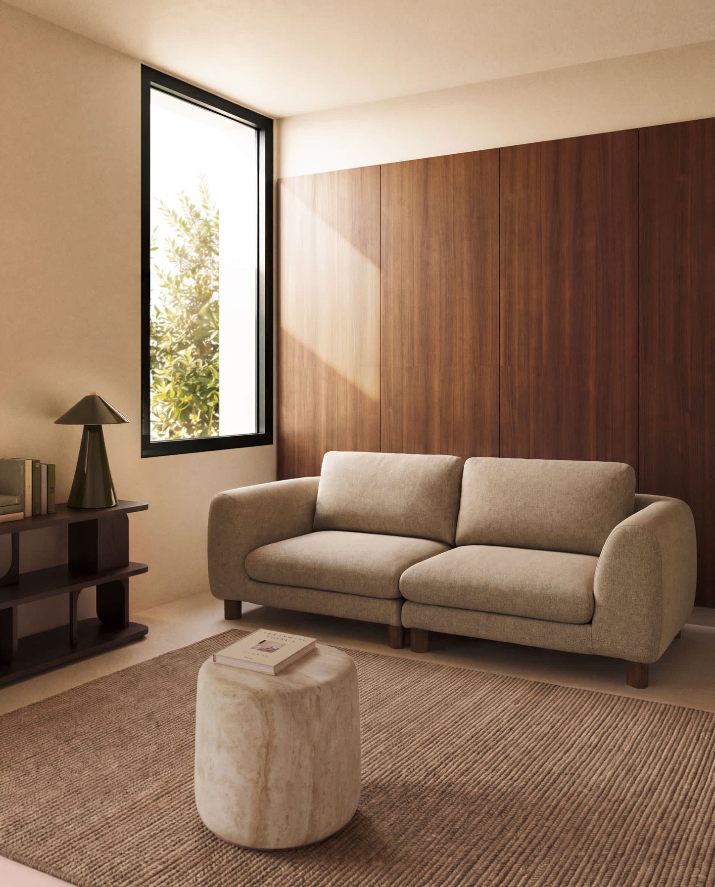 Divano Vera 3 posti marrone chiaro con gambe in legno massiccio di frassino con finitura in noce 230 cm FSC Mix Credit
