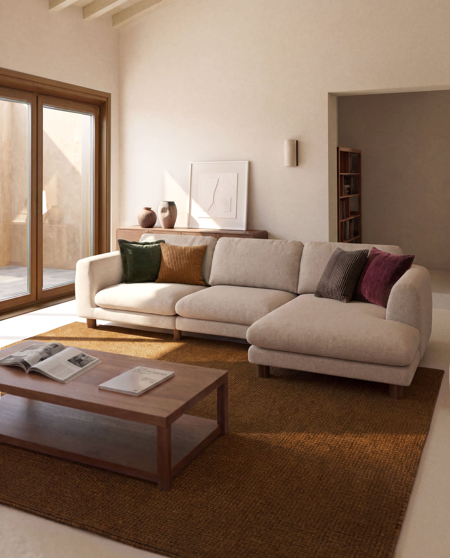 Divano Vera 4 posti con chaise longue destra beige con gambe in legno massiccio di frassino con finitura in noce 322 cm FSC Mix Credit