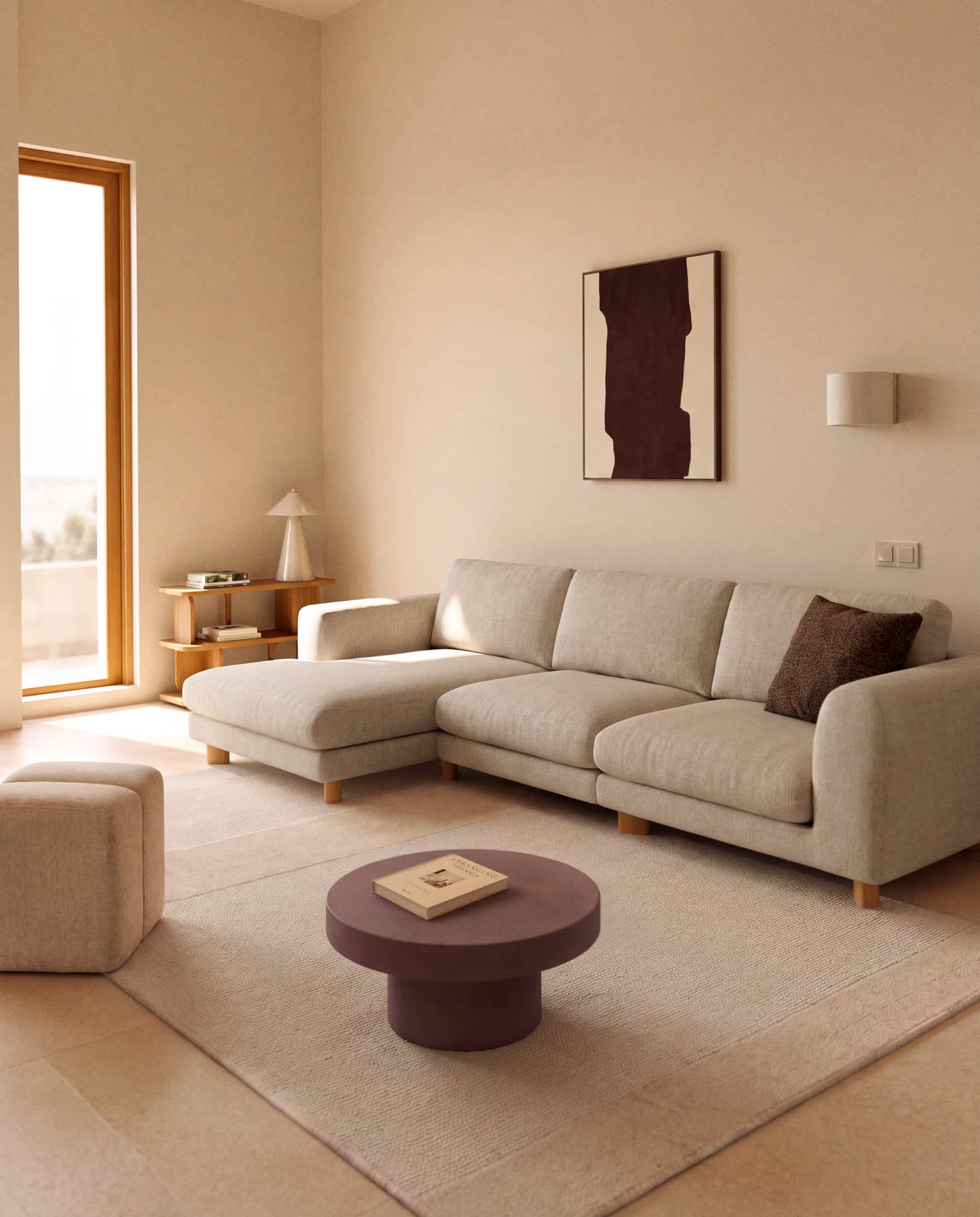 Divano Vera 4 posti con chaise longue sinistra beige con gambe in legno massiccio di frassino con finitura naturale 322 cm  FSC Mix Credit