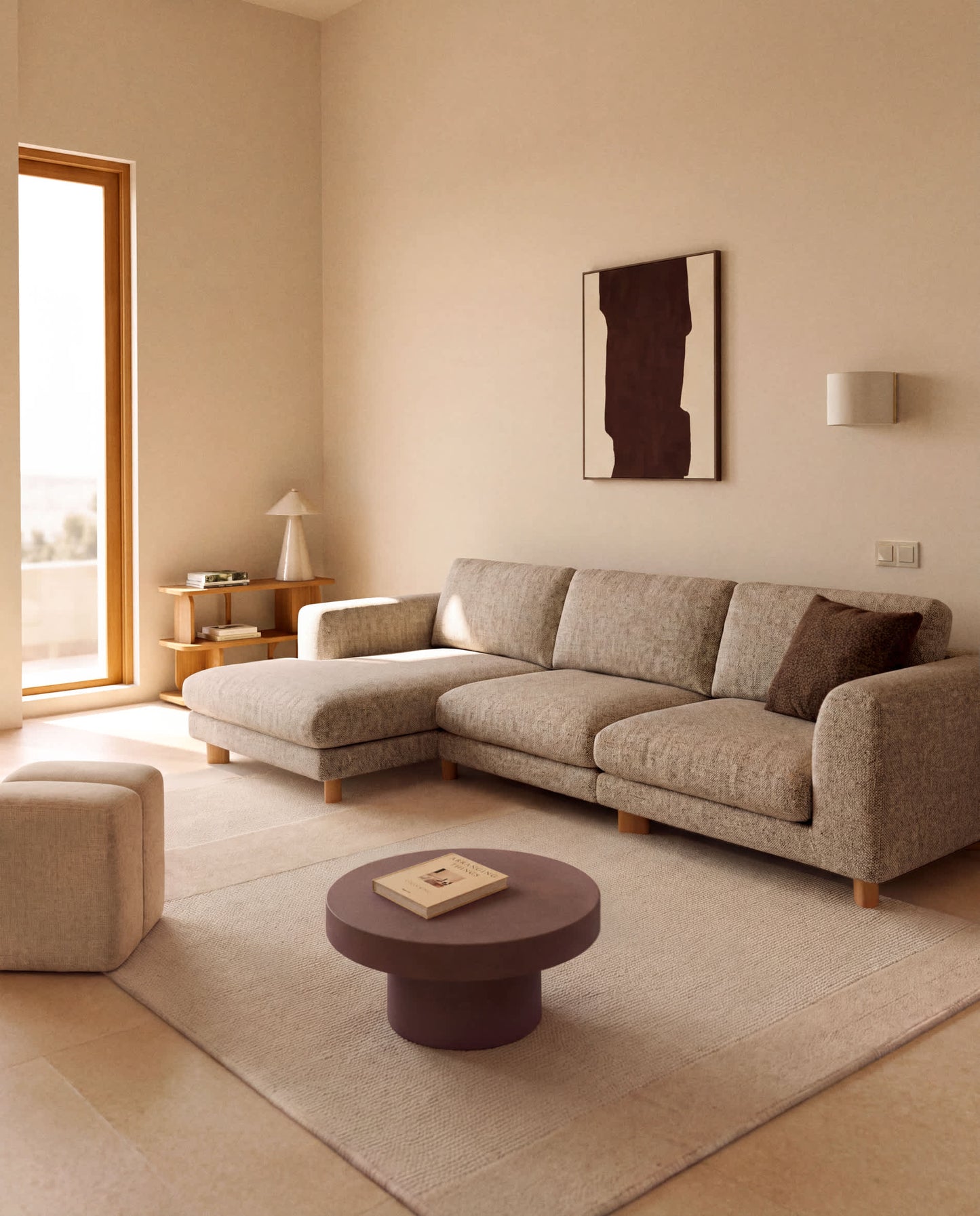 Divano Vera 4 posti con chaise longue sinistra marrone chiaro con gambe in legno massiccio di frassino con finitura naturale 322 cm FSC Mix Credit