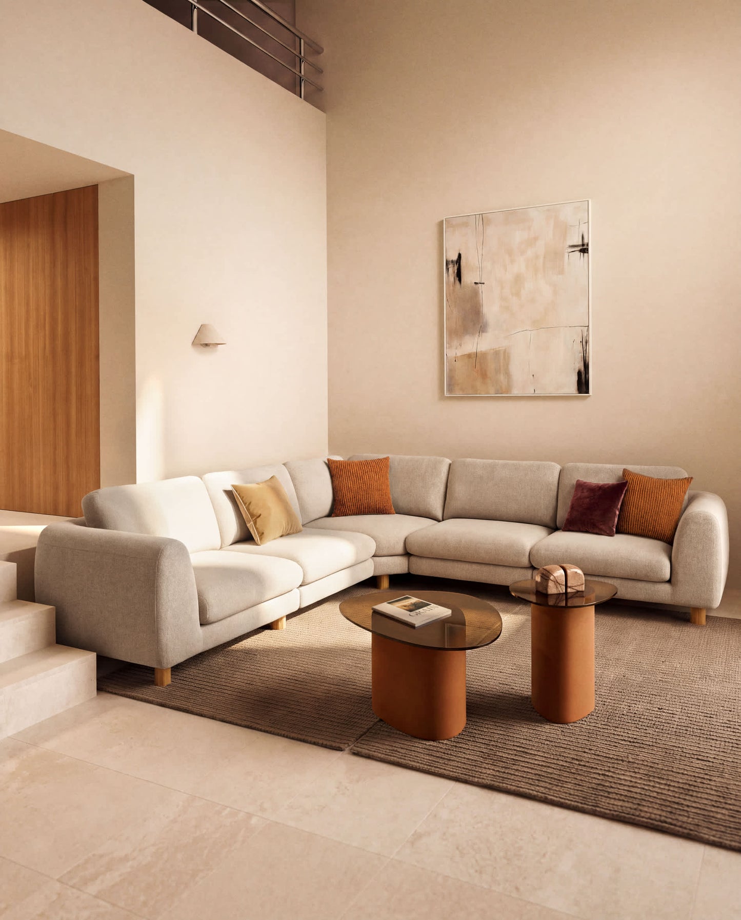 Divano ad angolo Vera 5 posti beige con gambe in legno massiccio di frassino con finitura naturale 330 x 330 cm FSC Mix Credit