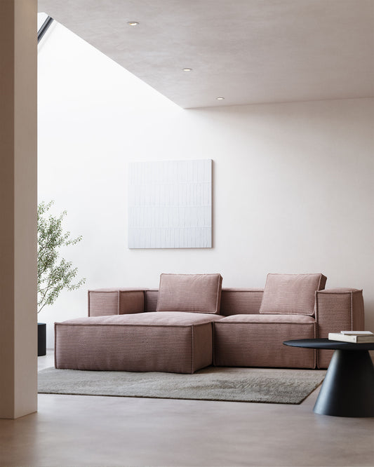Divano Blok 2 posti in velluto a coste spesso rosa con chaise longue sinistra 240 cm