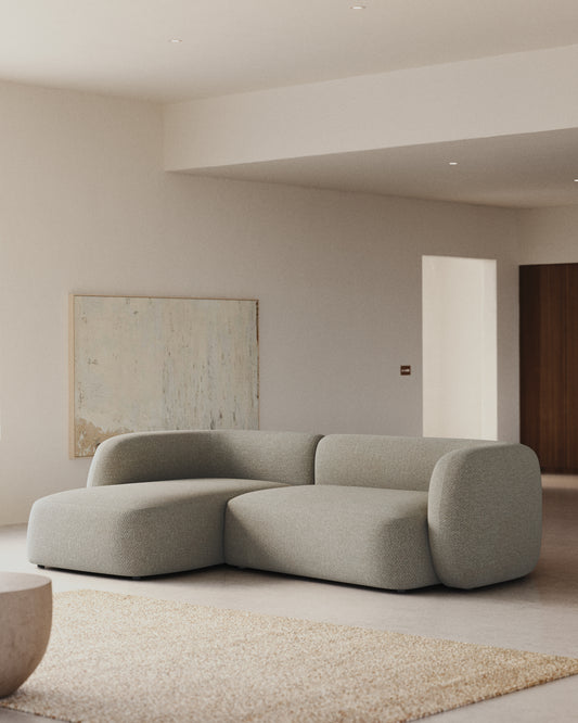 Divano modulare Martina 3 posti in ciniglia color pietra con chaise longue sinistra 287 cm