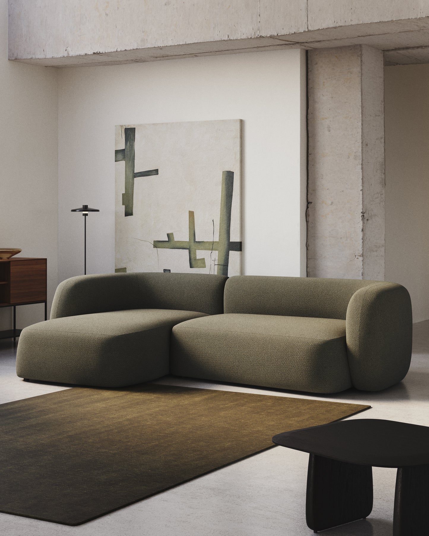 Divano modulare Martina 3 posti in ciniglia verde con chaise longue sinistra 287 cm