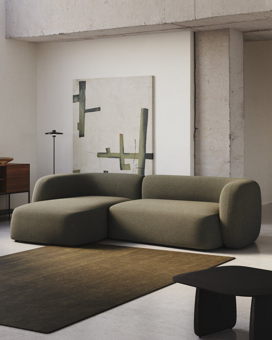 Divano modulare Martina 3 posti in ciniglia verde con chaise longue sinistra 287 cm