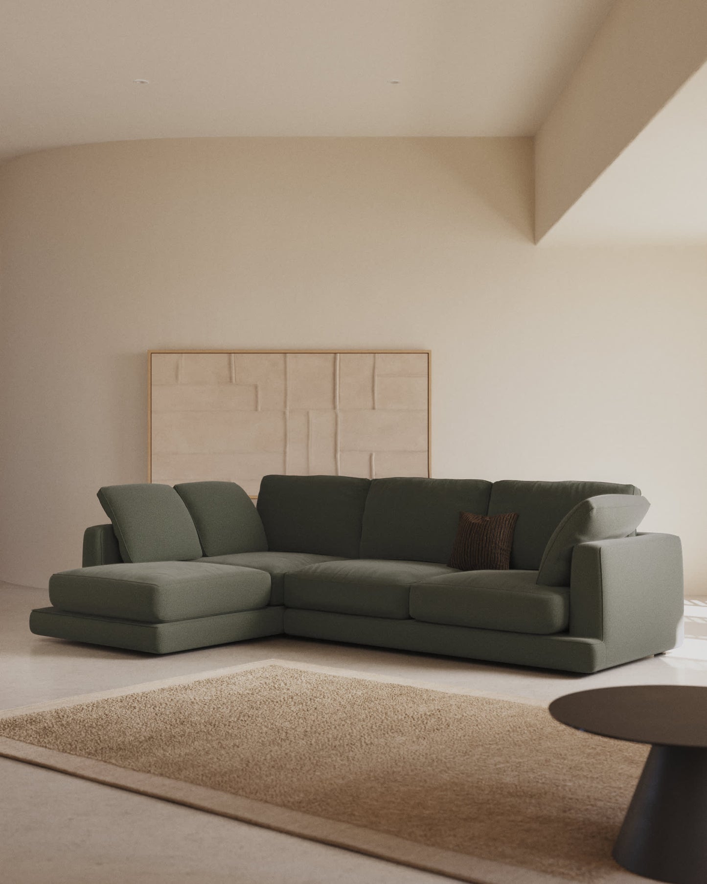 Divano Gala 4 posti con chaise longue sinistra in ciniglia verde scuro FSC Mix Credit 300 cm