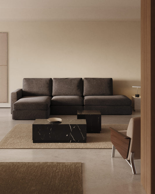 Divano modulare Alea 5 posti sfoderabile in ciniglia marrone scuro con chaise longue sinistra 340 cm