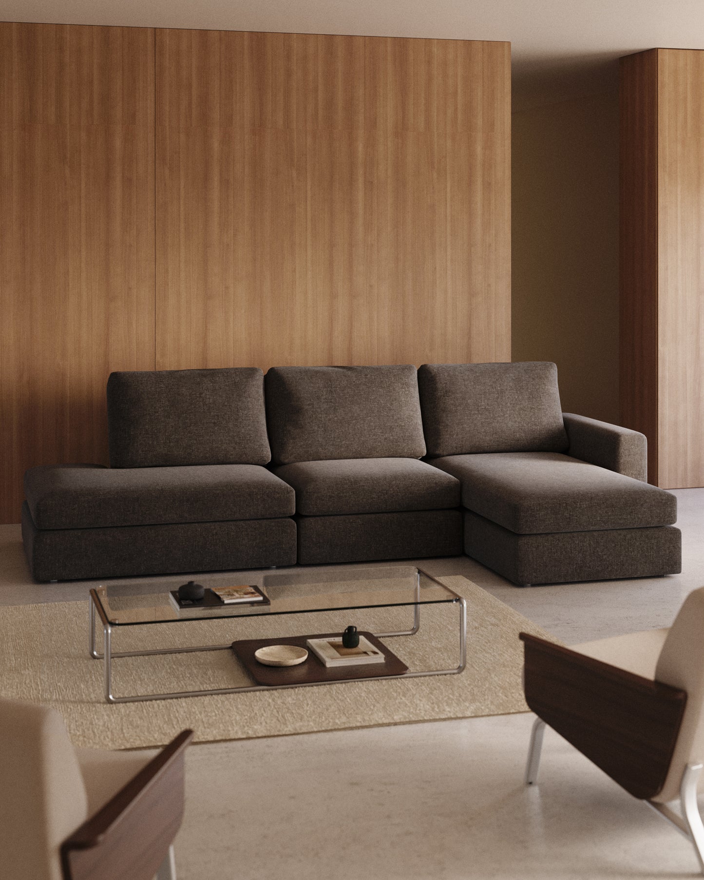 Divano modulare Alea 5 posti sfoderabile in ciniglia marrone scuro con chaise longue destra 340 cm