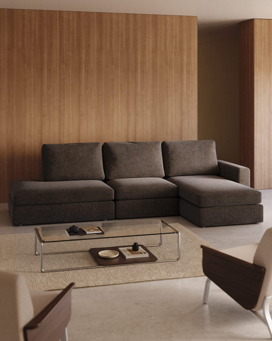 Divano modulare Alea 5 posti sfoderabile in ciniglia marrone scuro con chaise longue destra 340 cm