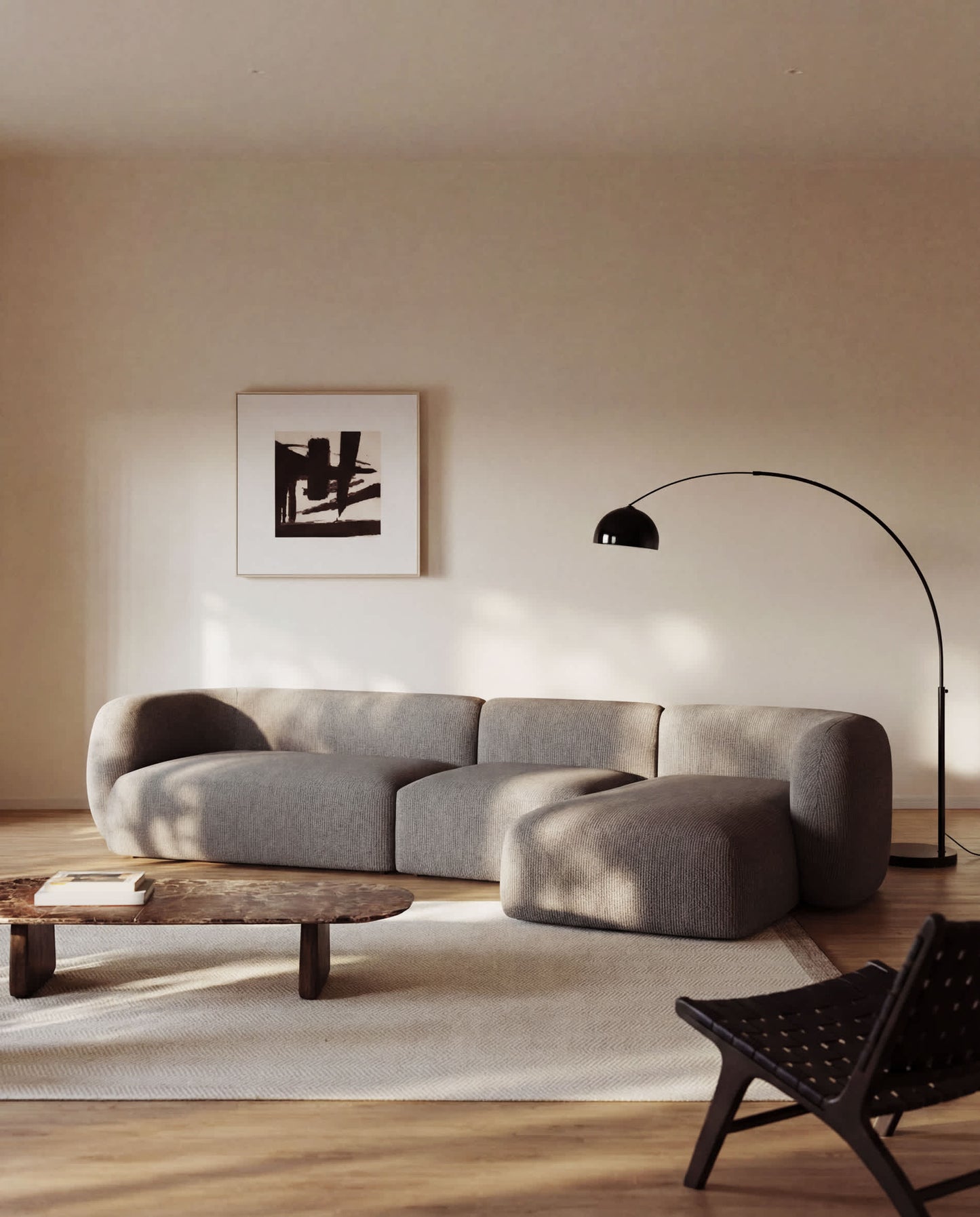 Divano modulare Martina a 4 posti in ciniglia con chaise longue destra color pietra 377 cm