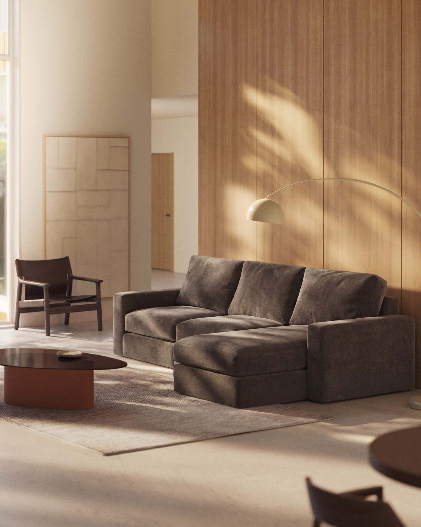 Divano modulare Alea 4 posti sfoderabile in ciniglia chaise longue destra marrone scuro 310 cm