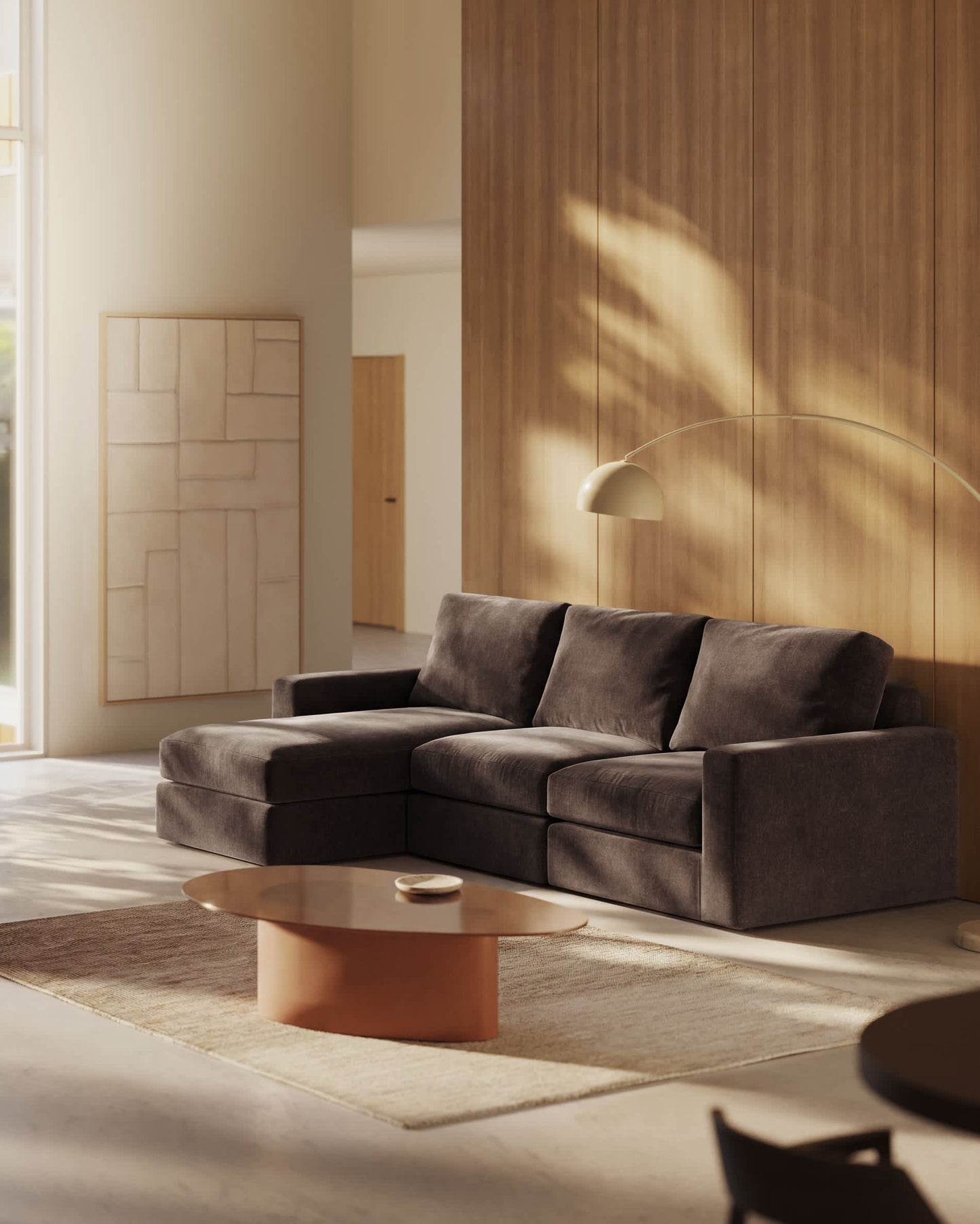 Divano modulare Alea 4 posti sfoderabile in ciniglia chaise longue sinistra marrone scuro 310 cm