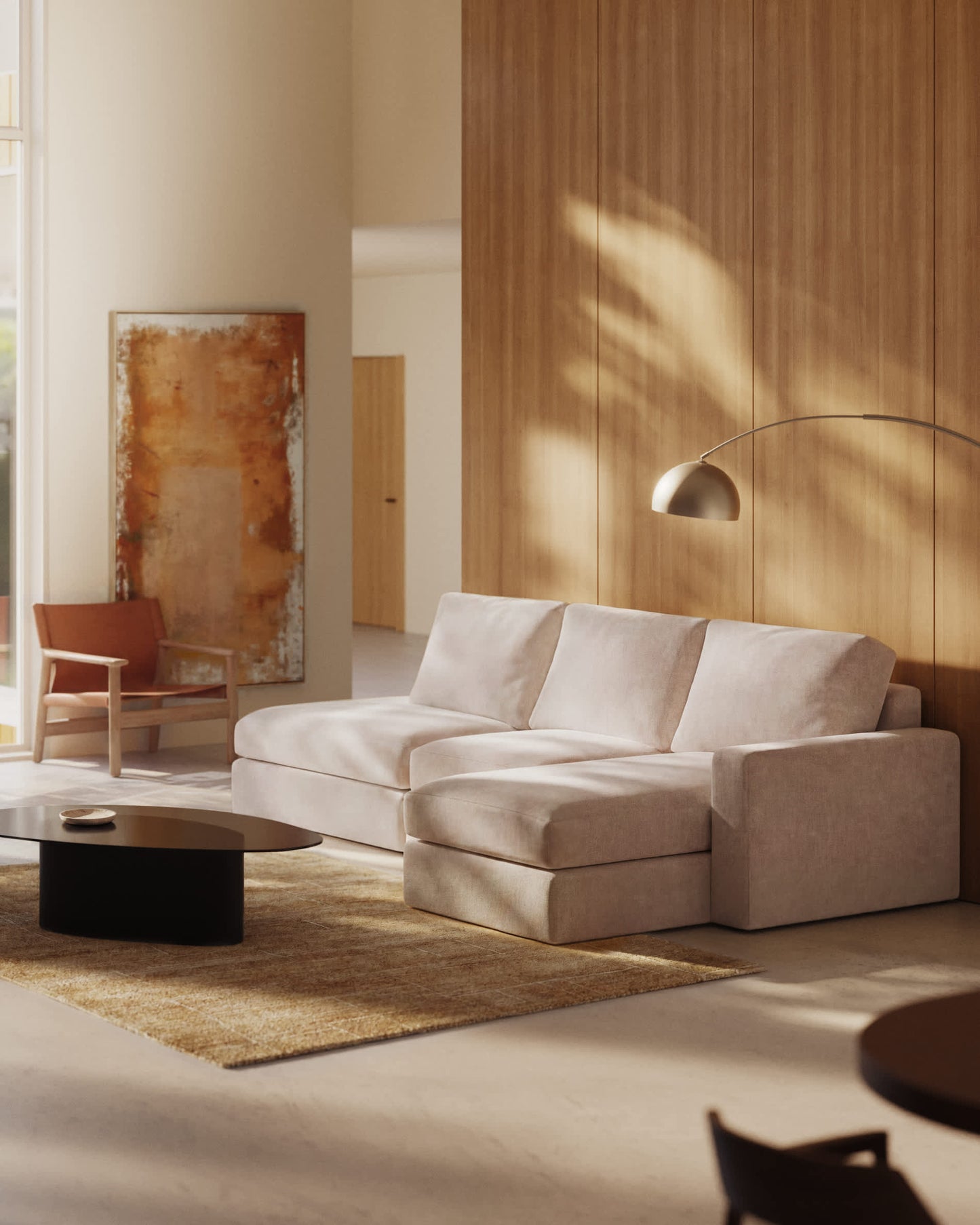 Divano modulare Alea 5 posti sfoderabile in ciniglia chaise longue destra beige 340 cm