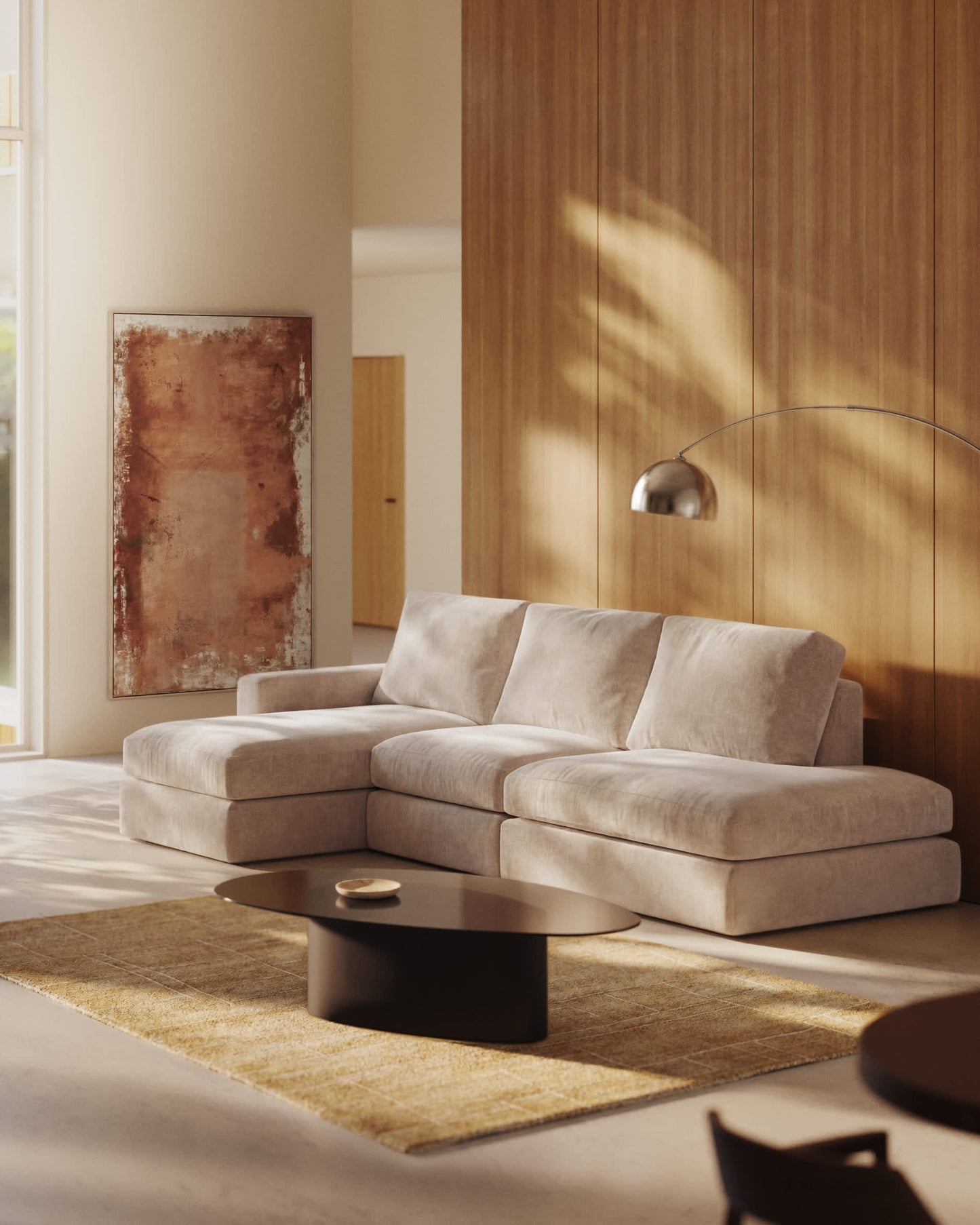Divano modulare Alea 5 posti sfoderabile in ciniglia chaise longue sinistra beige 340 cm
