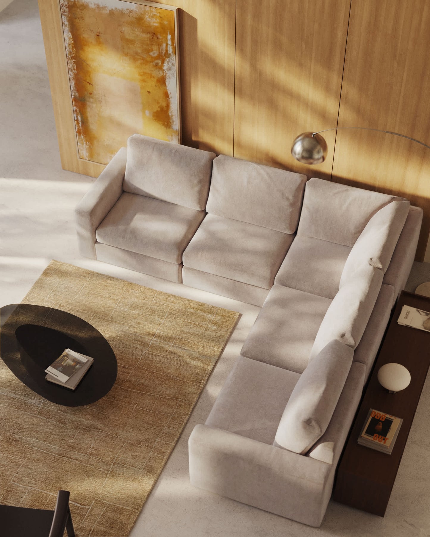 Divano angolare modulare Alea 5 posti sfoderabile in ciniglia beige 310 x 310 cm