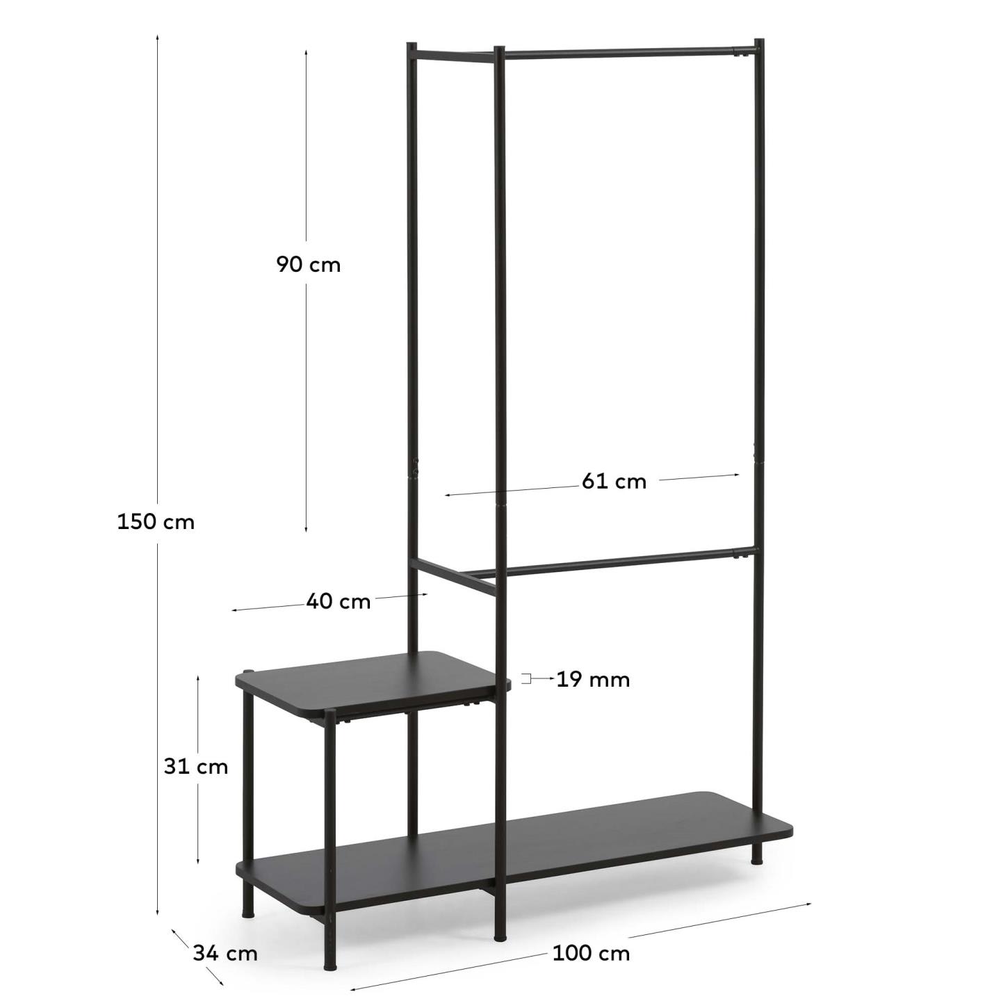 Stand appendiabiti Galatia con panca finitura nera 100 x 150 cm