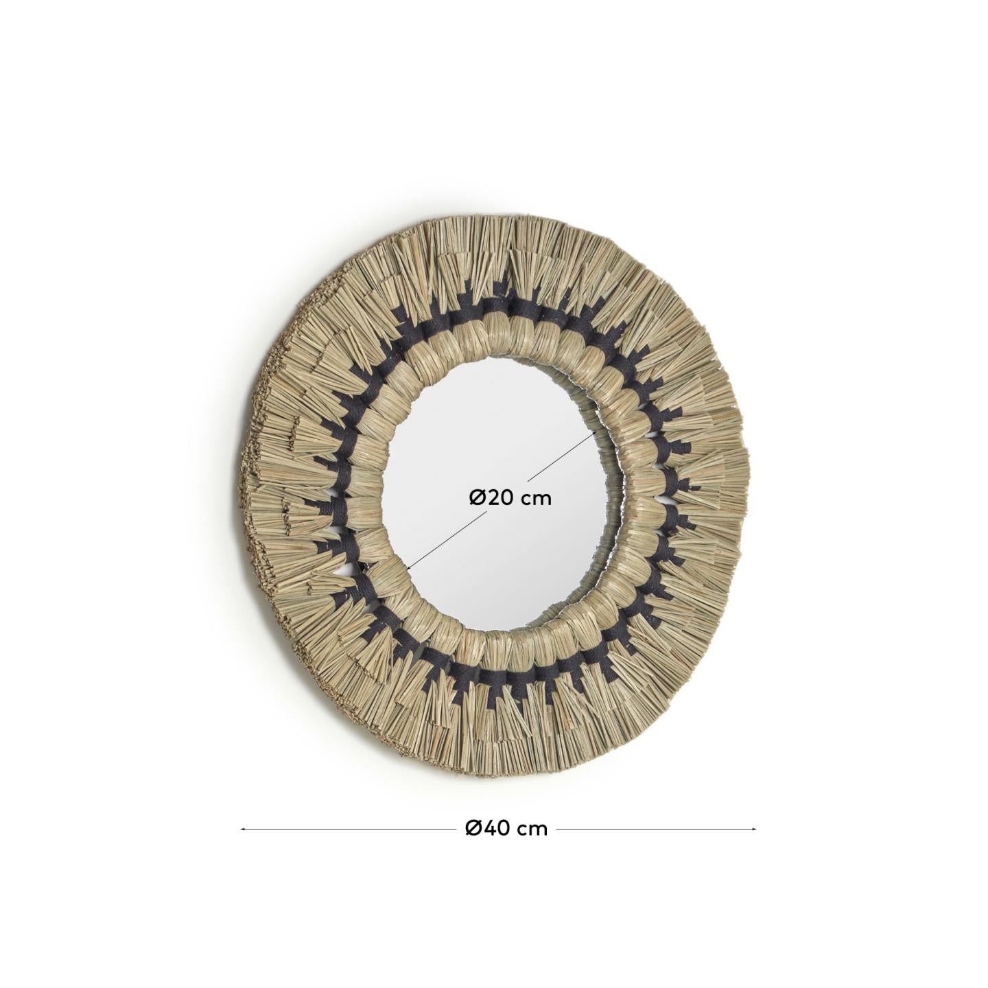 Specchio rotondo Akila in fibre naturali verdi e corda di cotone nero Ø 40 cm