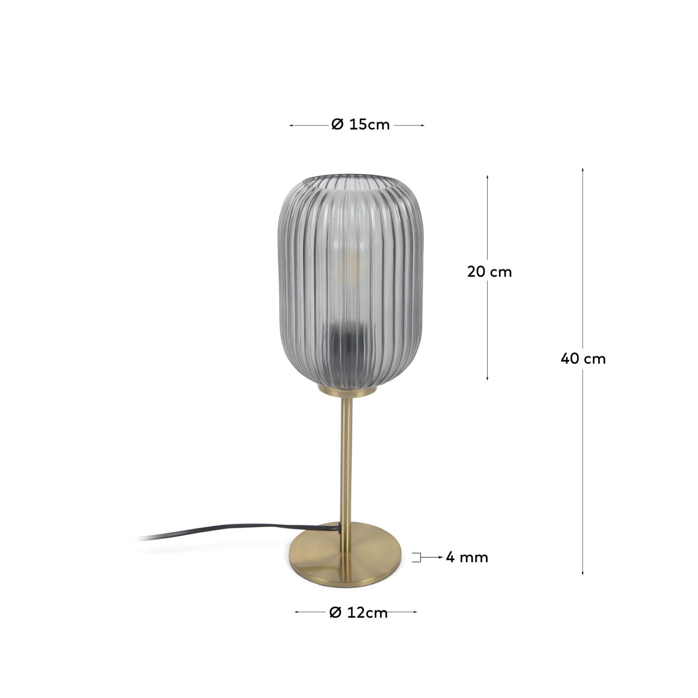 Lampada da tavolo Hestia in metallo con finitura in ottone e cristallo grigio