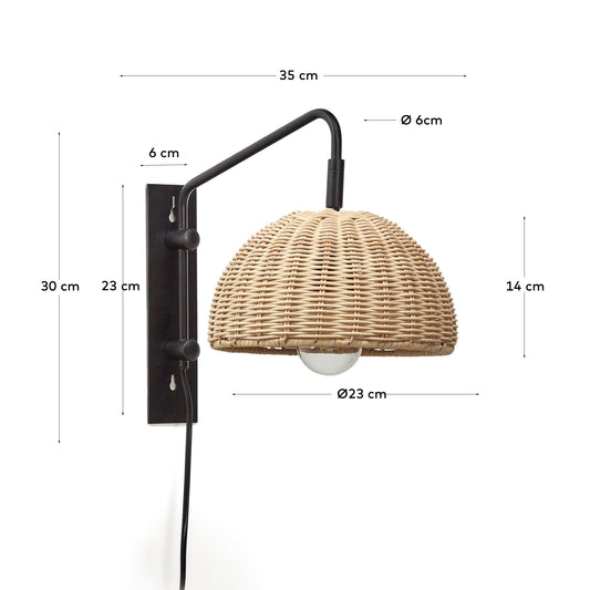Lampada da parete Damila in metallo nero e rattan