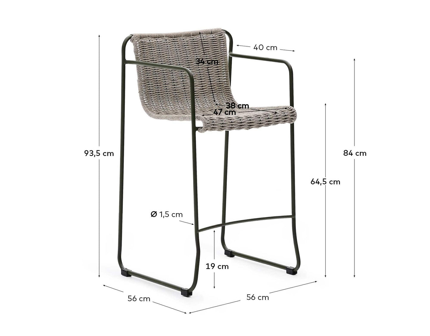Sgabello Maurina in acciaio zincato verde e corda ecru e grigia 64,5 cm