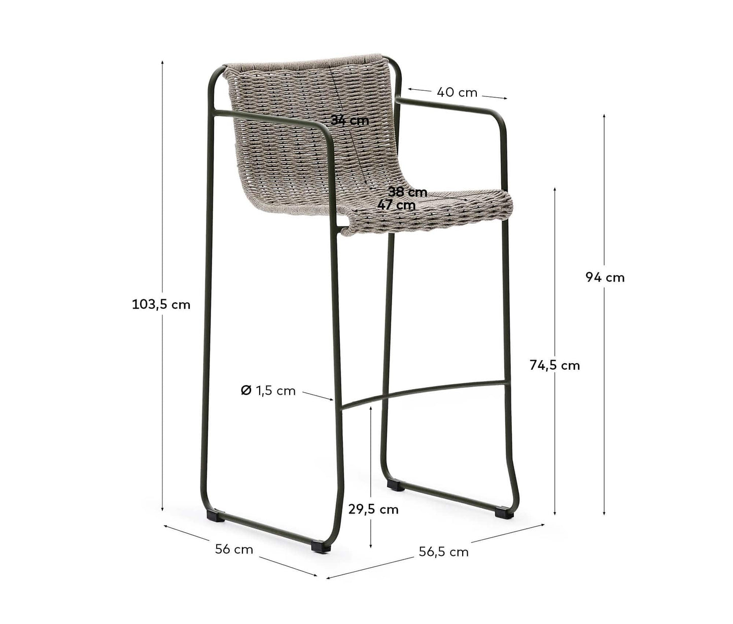 Sgabello Maurina in acciaio zincato verde e corda ecru e grigia 74,5 cm