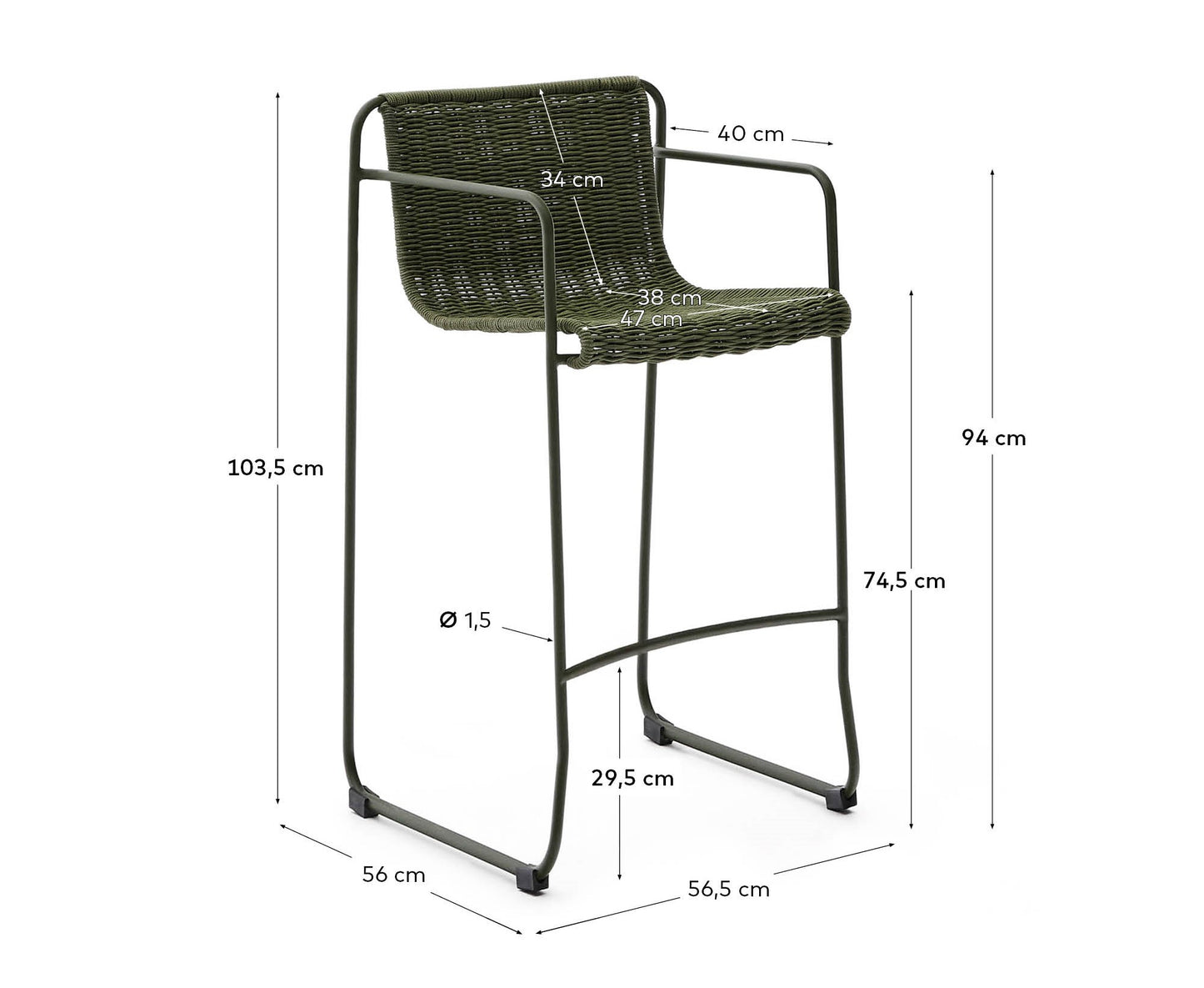 Sgabello Maurina impilabile in acciaio zincato verde con corda verde 74,5 cm