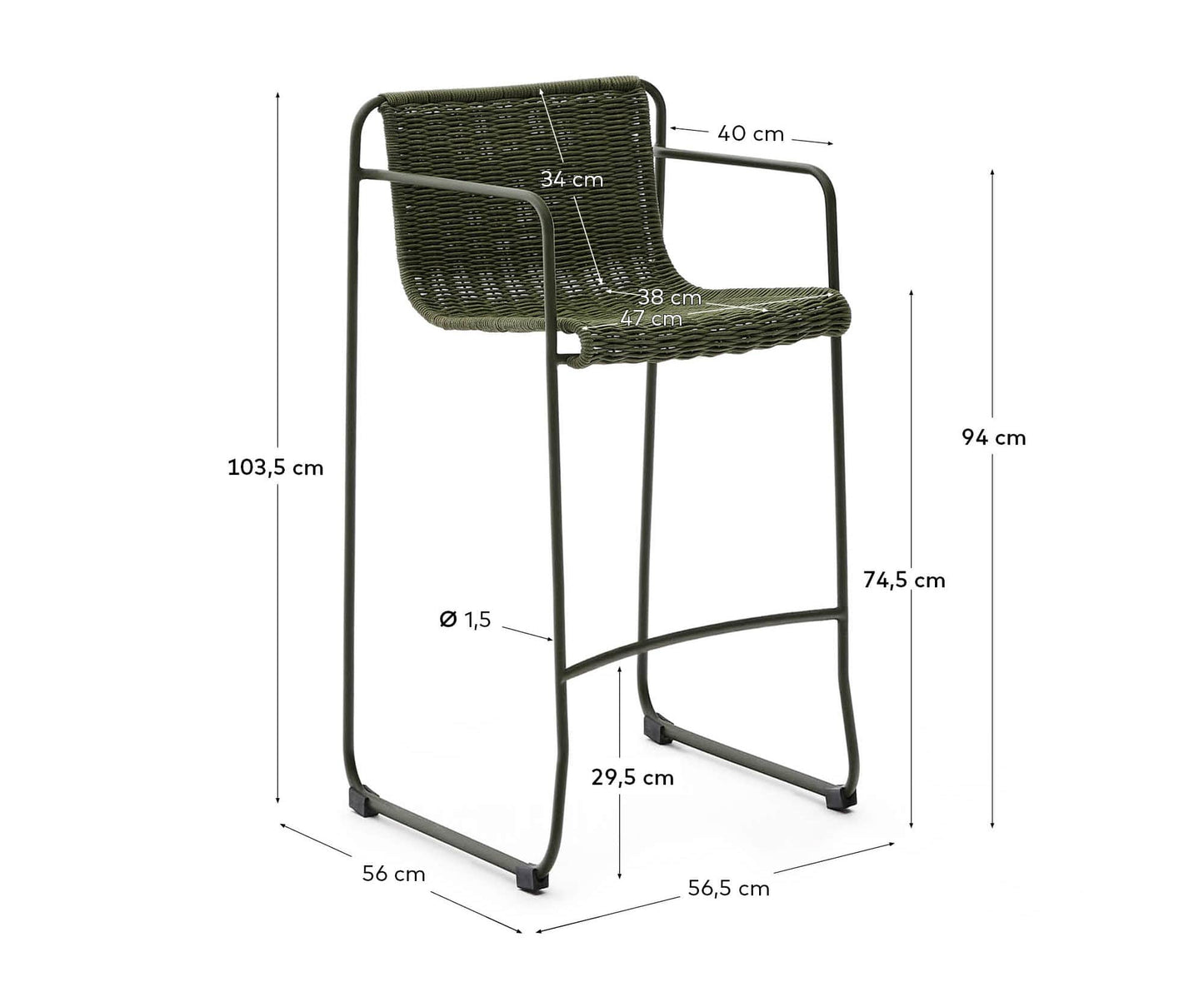 Sgabello Maurina impilabile in acciaio zincato verde con corda verde 74,5 cm