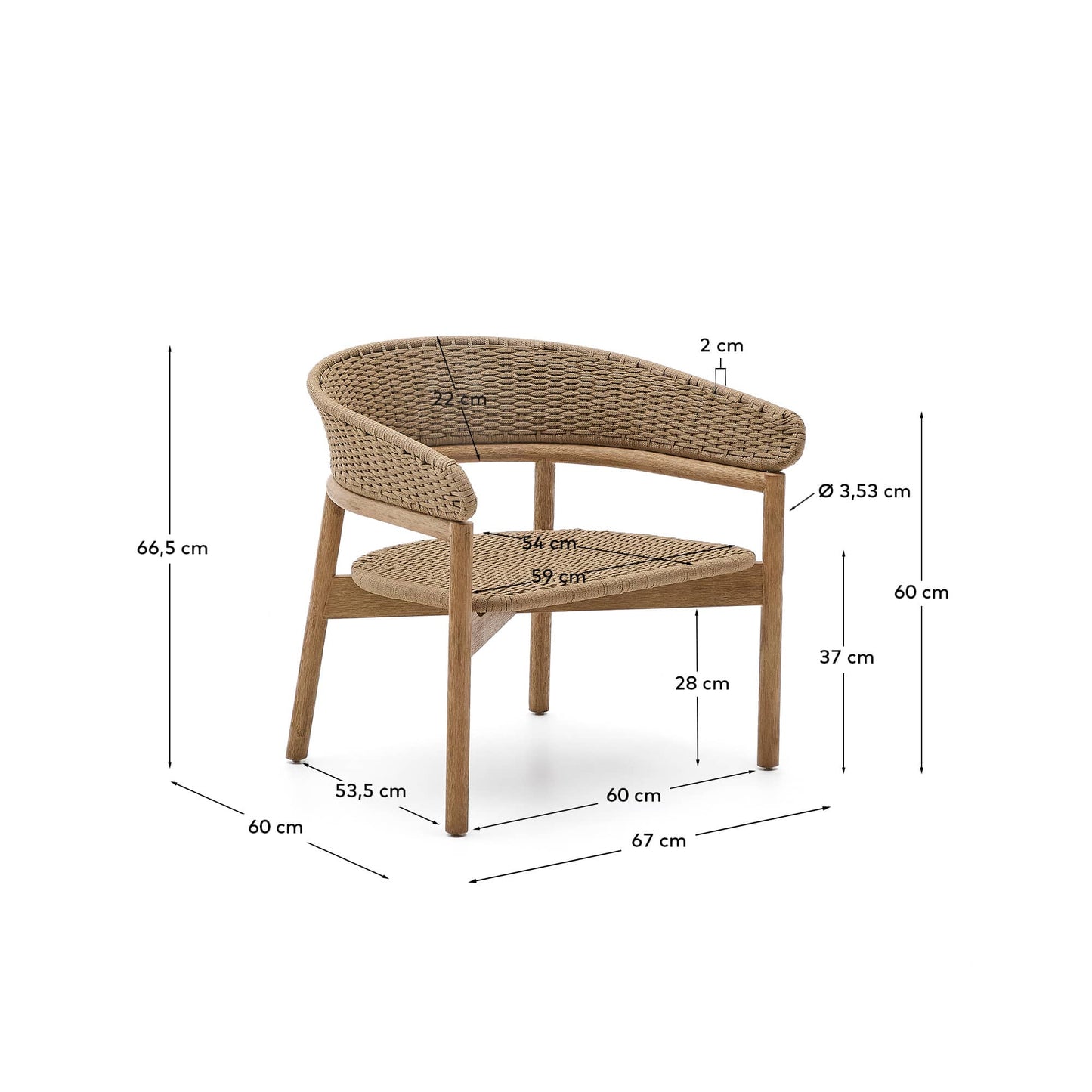 Poltrona Arinella in legno massiccio di acacia, finitura naturale e corda beige